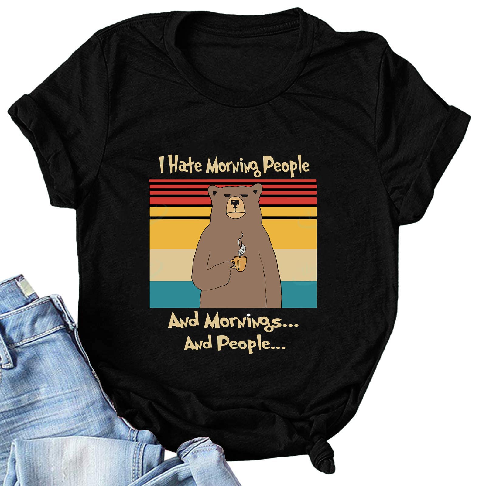 Funny Sarcastic T-Shirts for Women | Vintage Distressed Graphic Novelty Tees with Coffee Bear Design - Perfect for Casual Wear, Gifts & Anti-Morning People