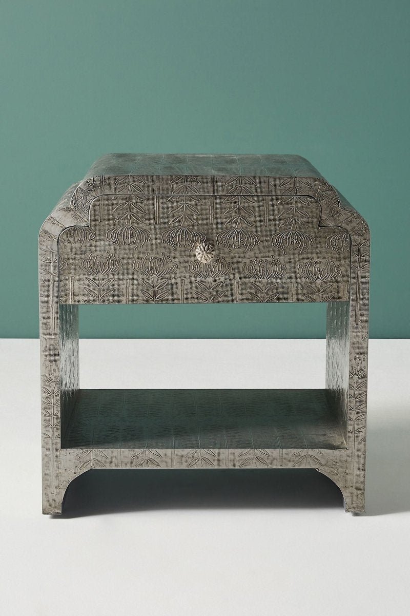 Handmade Silver Metal Bedside Nightstand with Drawer and Shelf - Modern Indian Furniture for Bedroom, Living Room & Office