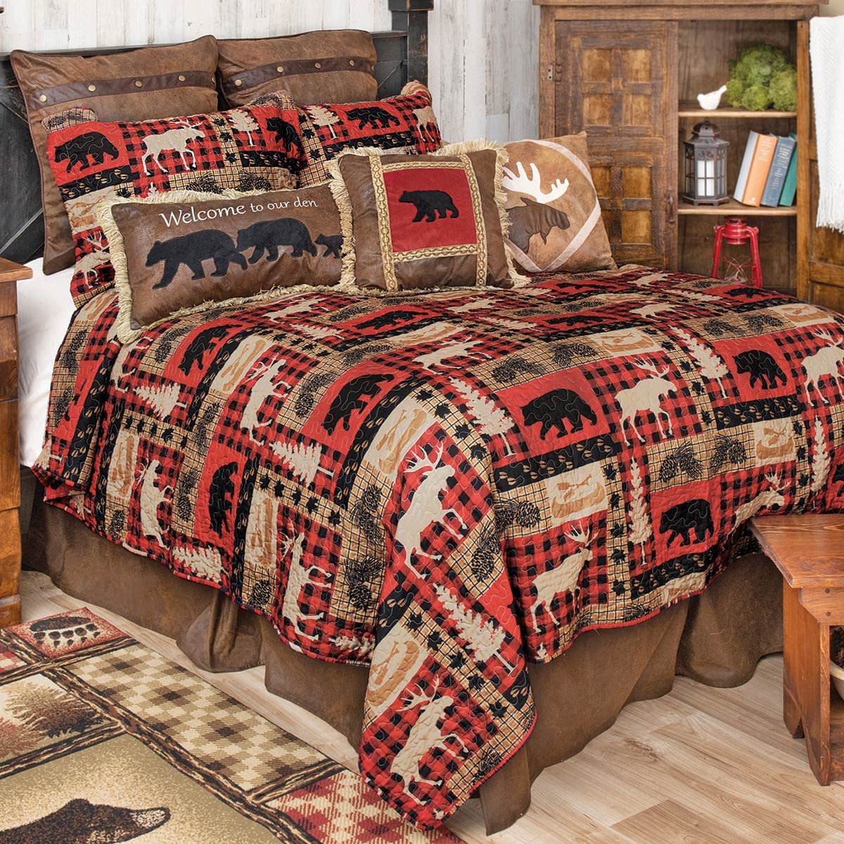 BLACK FOREST DECOR Bear & Moose Crimson Plaid Quilt Bed Set - Queen Size, Cozy Cabin Bedding for Winter, Rustic Lodge Style Comforter for Guest Room or Master Bedroom