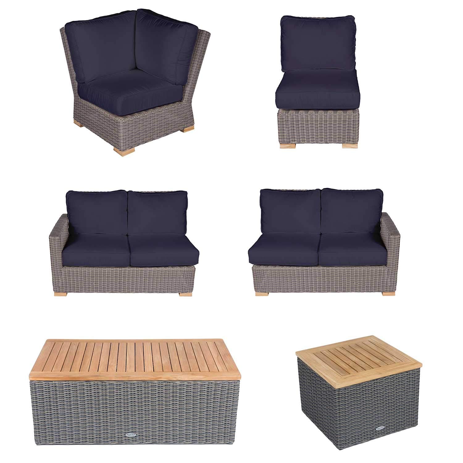 Sanibel 6-Piece Deep Seating Teak Patio Furniture Set with Sectional Sofa, Rectangular Coffee Table & Side Table (P163NA) - Navy Heavy Duty Outdoor Cushions for Poolside, Garden & Backyard Relaxation