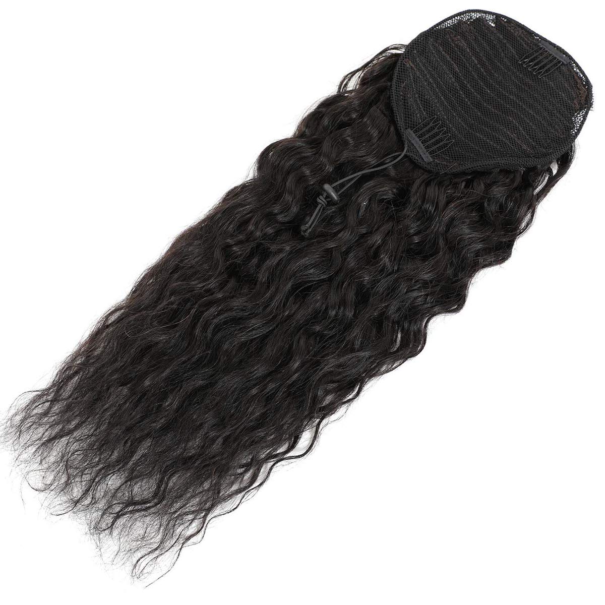 100% Real Brazilian Human Hair Ponytail - 28 Inch Water Wave Clip-in Ponytail Hair Extension for Women (Natural Black) | Wrap Drawstring Corn Wave Hairpiece for Daily Wear, Parties & Special Occasions