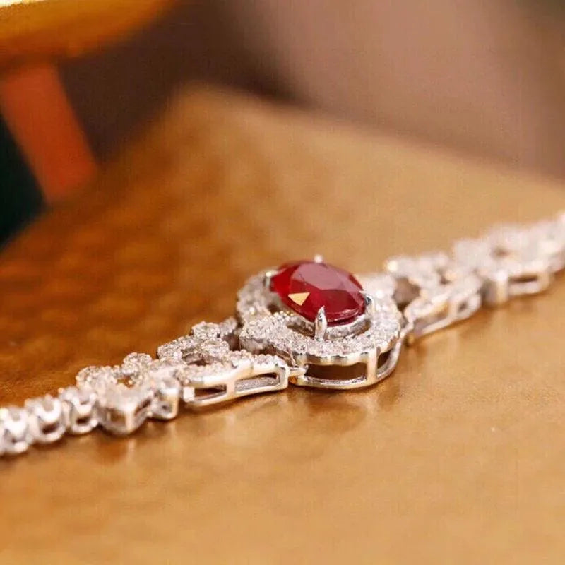 18K Solid White Gold Diamond & Natural Ruby Tennis Bracelet for Women | Elegant Fairy Design | Perfect Gift for Anniversaries, Weddings & High-Class Banquets