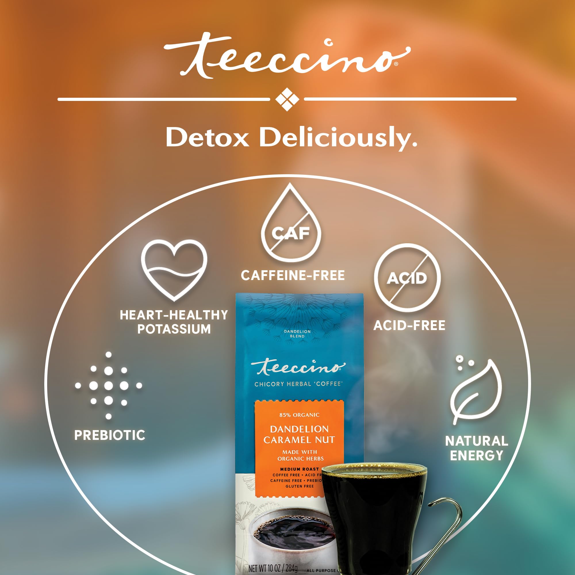 Teeccino Dandelion Caramel Nut Herbal Coffee - Caffeine-Free, Prebiotic, Gluten-Free & Acid-Free Medium Roast Coffee Alternative - 10oz (3-Pack) | Perfect for Morning Brew, Afternoon Pick-Me-Up & Digestive Health