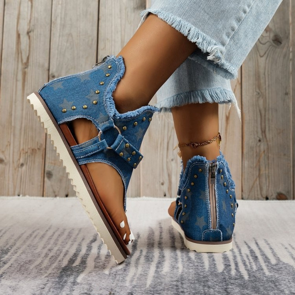 Trendy Studded Raw Hem Flat Sandals for Women - Comfortable Summer Beach Walking Shoes for Casual Outfits & Vacation