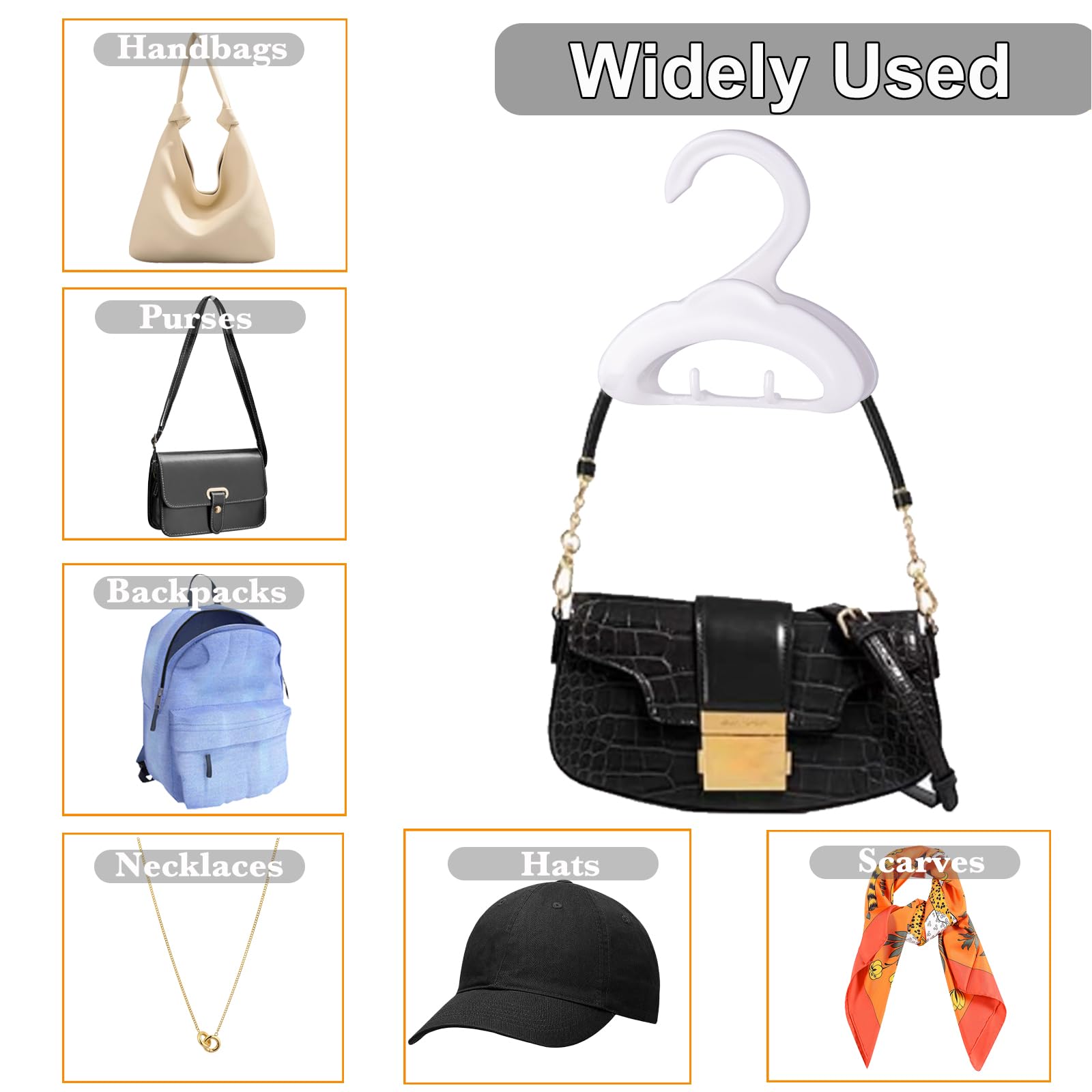 10-Pack Multi-Functional Purse Hangers for Closet - Space Saving Bag Organizer with 2 Hooks for Purses, Belts, Hats & Scarves - Prevents Bag Strap Damage - Perfect for Home, Office & Travel Organization (White)