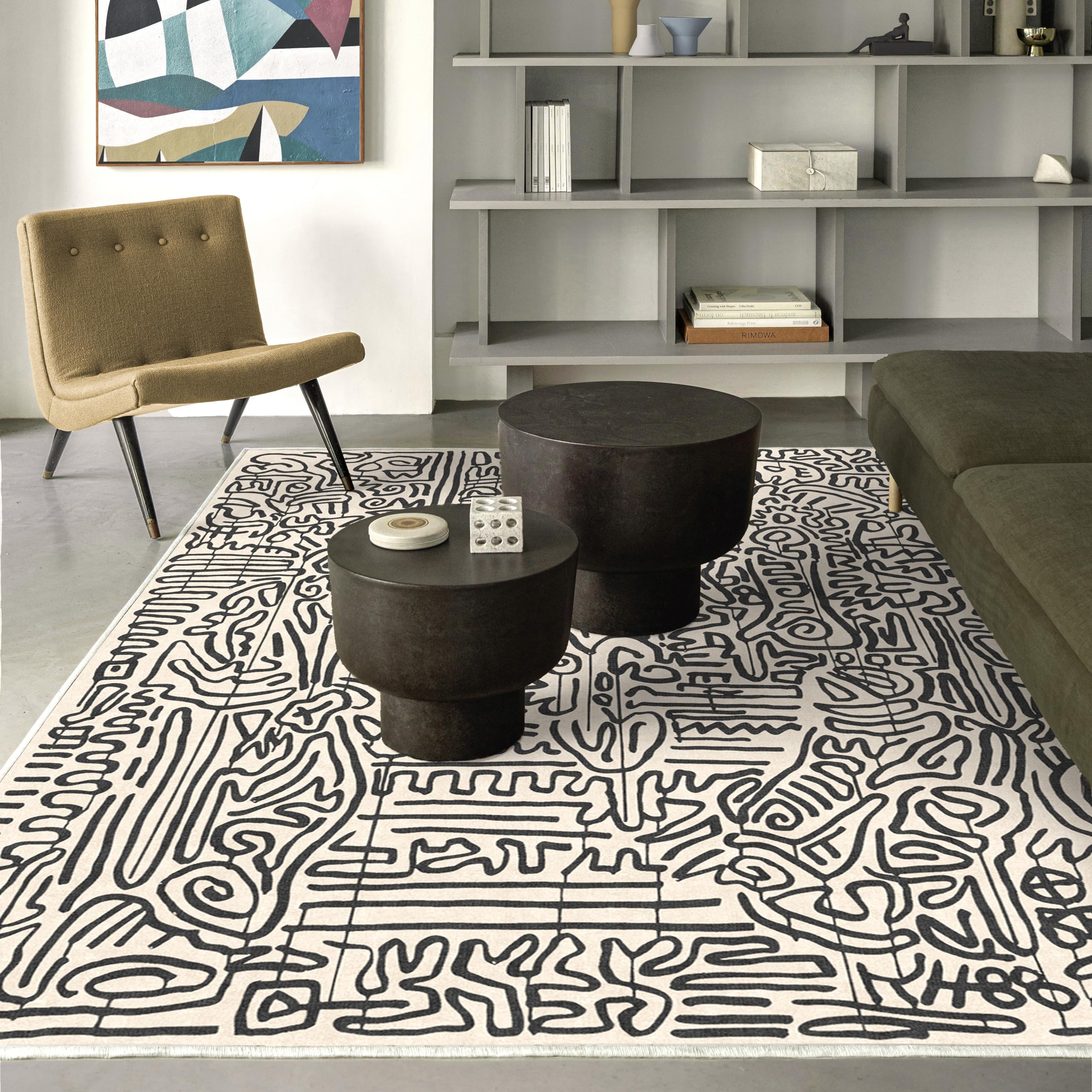 Ruggable x Keith Haring Washable 5x7 Area Rug - Freestyle Black & Ivory | Premium Non-Slip Rug for Living Room, Bedroom, Kitchen, Office & Classroom | Easy to Clean with Gripper Pad | Perfect for High Traffic Areas & Pet-Friendly Homes