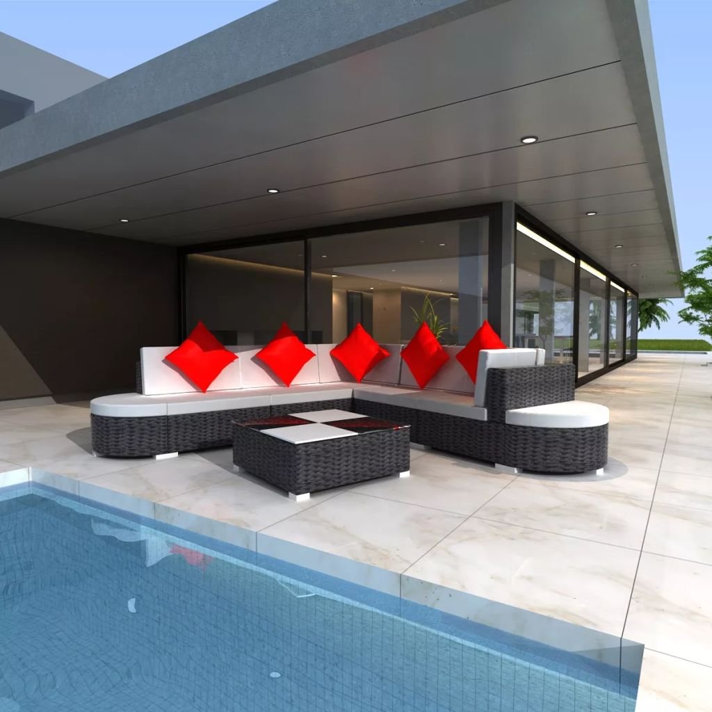 vidaXL 8-Piece All-Weather Black Poly Rattan Garden Lounge Set with Cushions - Outdoor Patio Furniture Sectional Sofa, Couch & Dining Table Chairs for Backyard, Poolside & Terrace Relaxation