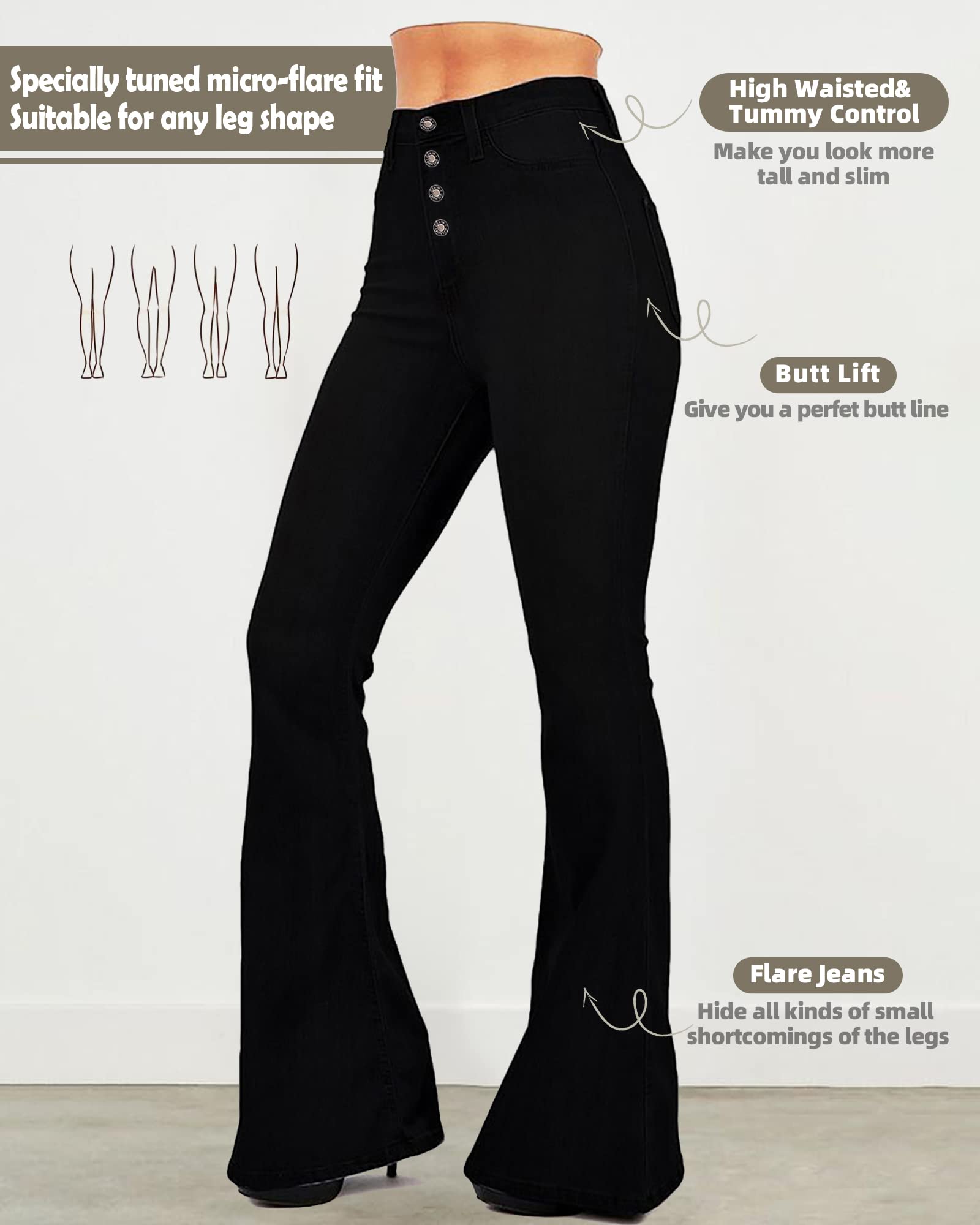 BISUAL Women's High Waist Slimming Flare Jeans - Stretch Denim Wide Leg Bell Bottom Pants for Casual & Retro Style | Perfect for Everyday Wear, Date Night and 70s Vintage Outfits