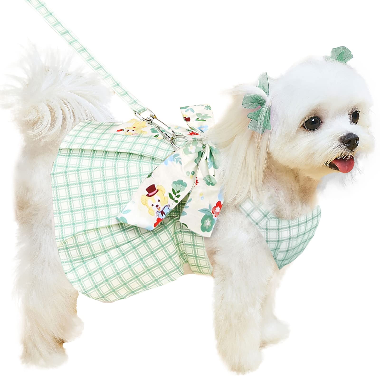 Stylish Plaid Dog Dress Harness & Leash Set for Small & Medium Dogs - Green Summer Pet Outfit with Bow for Puppy Princess, Holiday Party Costume - Perfect for Chihuahua & Yorkie (XL) | Great for Birthday Parties, Photo Shoots & Special Occasions