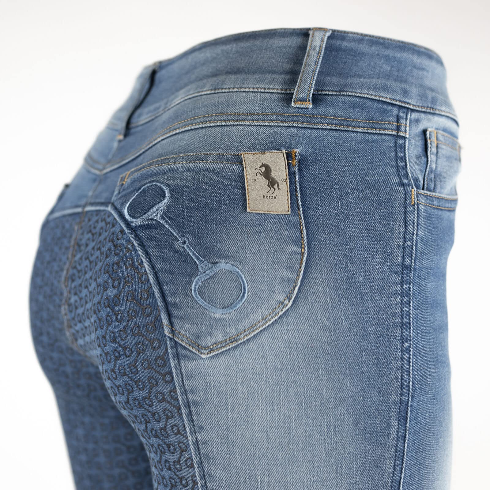 HORZE Kaia Women's Denim Horse Riding Pants - High Waist Silicone Full Seat Breeches for Equestrian & Show Jumping | Accurate Size Chart | Perfect for English Riding Lessons & Competitions