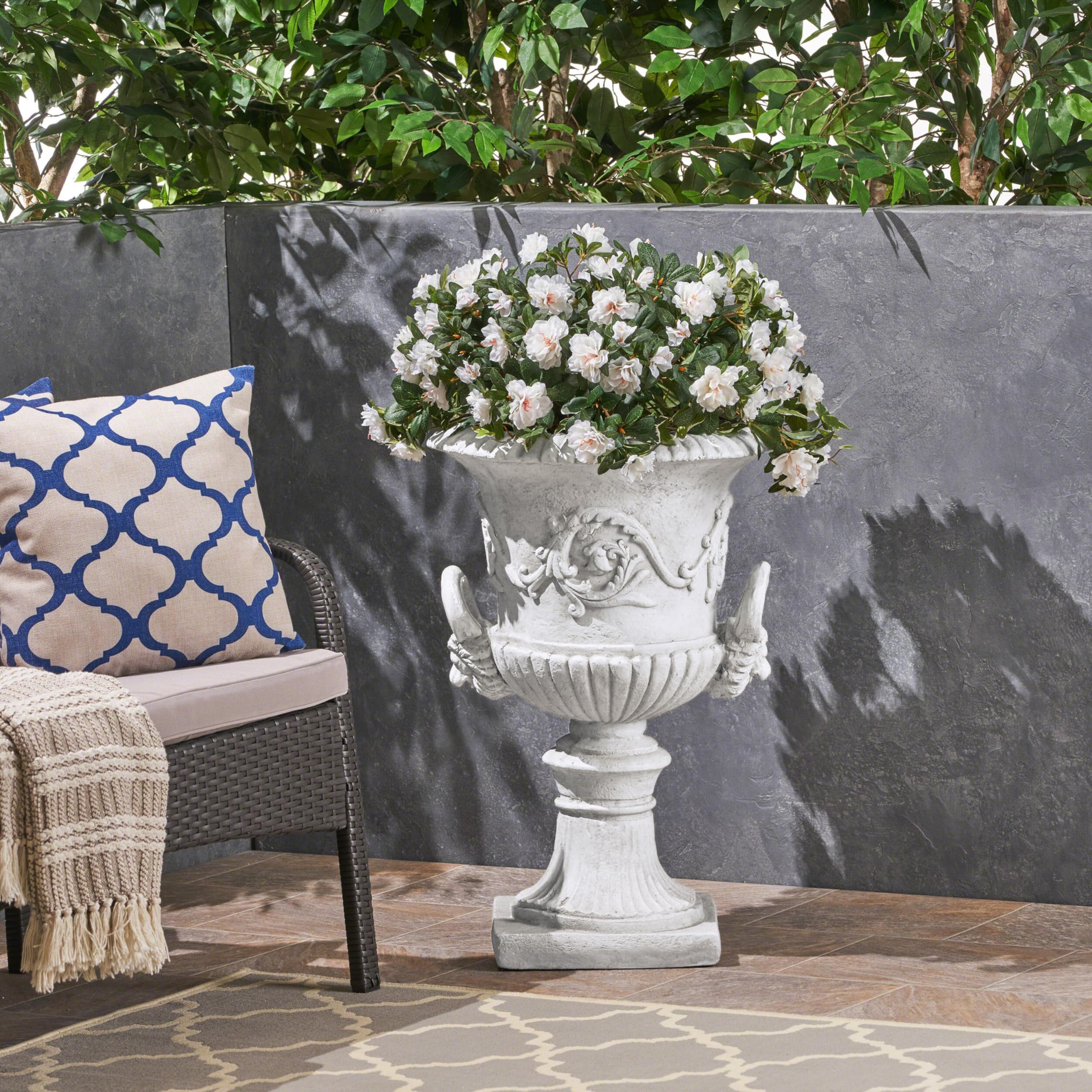 Christopher Knight Home Adonis Traditional Roman Chalice Garden Urn Planter with Lion & Floral Accents - Antique White Outdoor Decor for Patio, Garden, and Porch