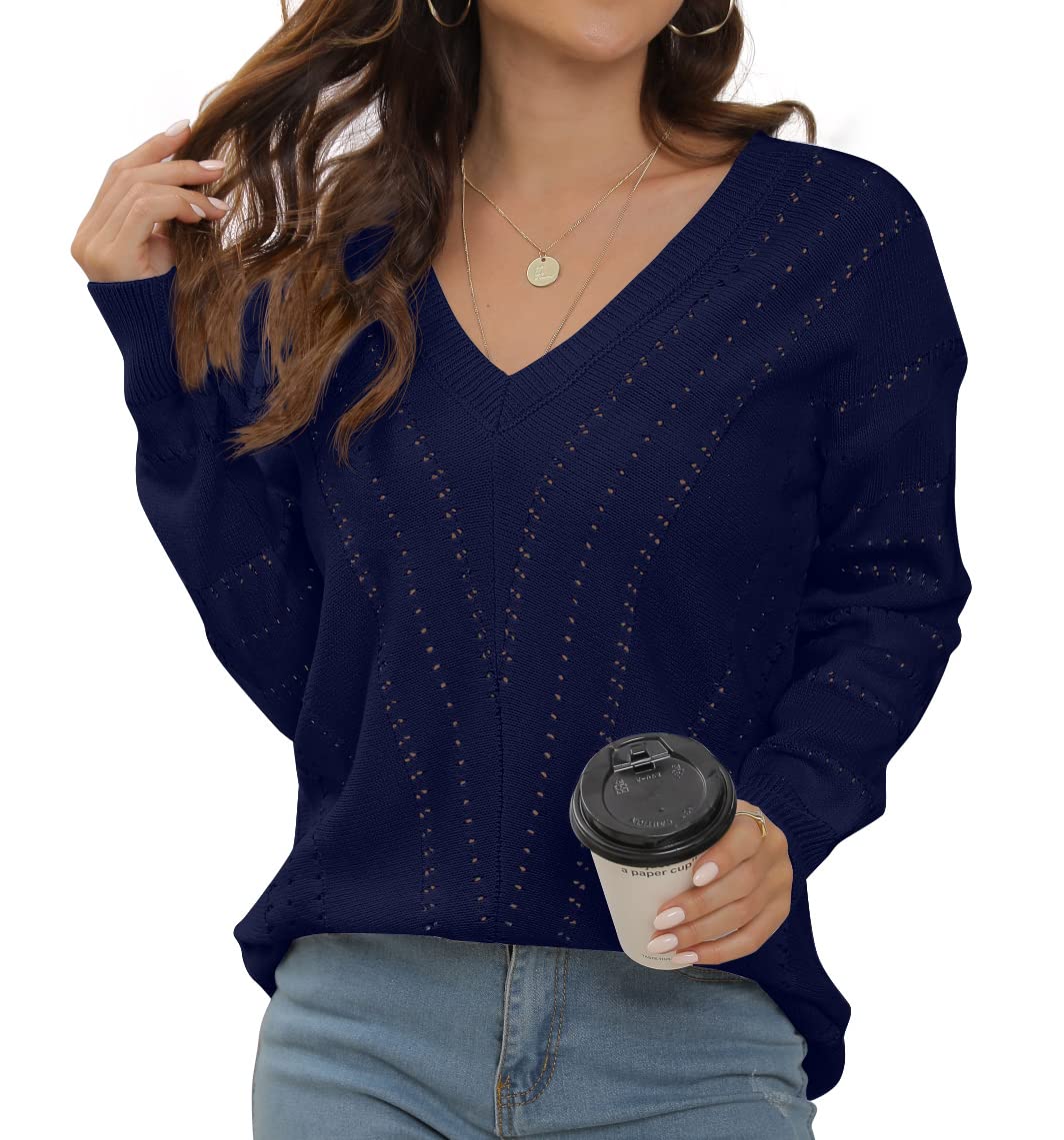 QIXING Women's Striped Knit V-Neck Long Sleeve Pullover Sweater - Casual Office Wear & Fall Layering Essential
