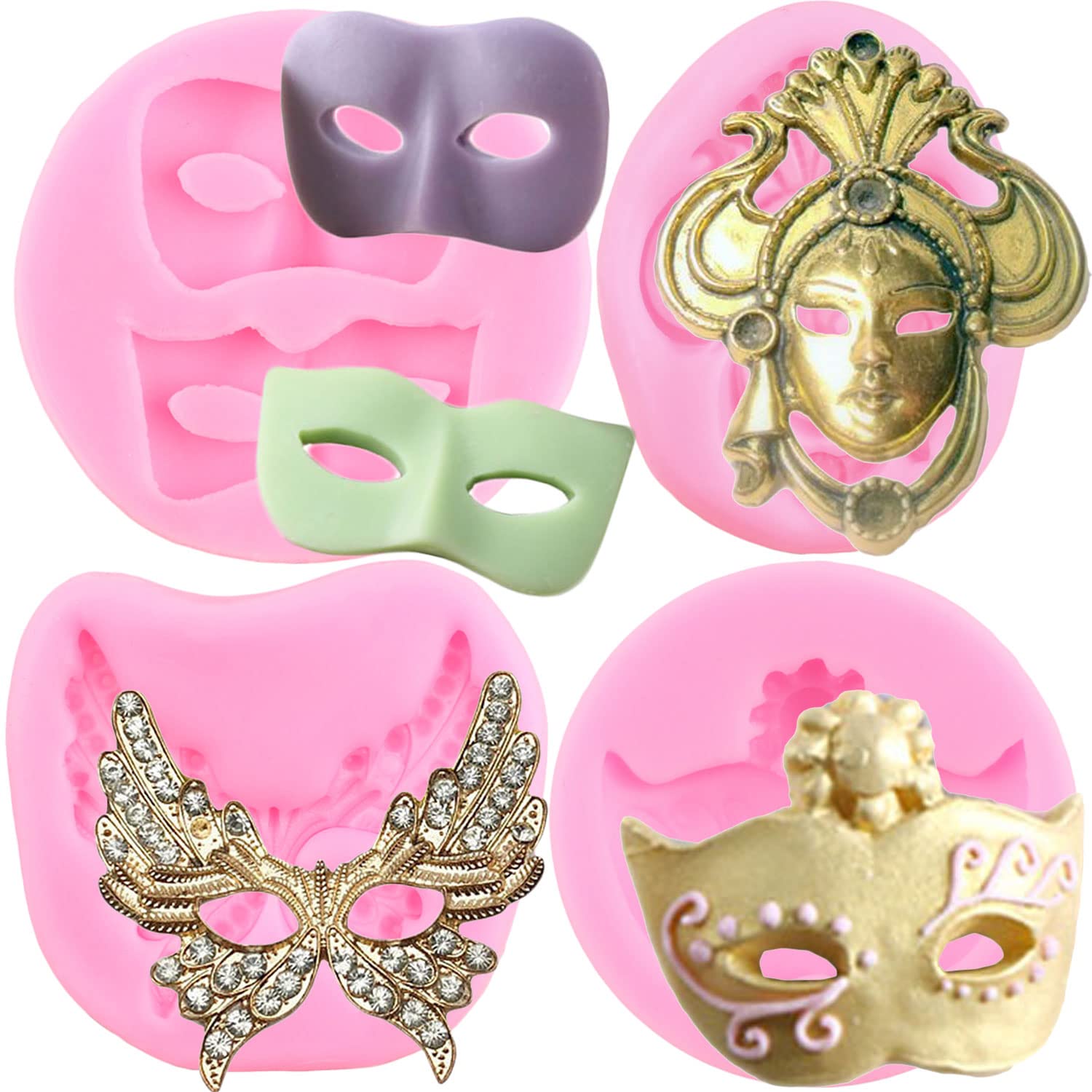 Zixiang Silicone Masquerade Mask Molds - Set of 4 for Cake Decorating, Fondant, Cupcake Toppers, Candy, Resin Clay, Chocolate & Gum Paste - Perfect for Halloween, Cosplay, and DIY Craft Projects