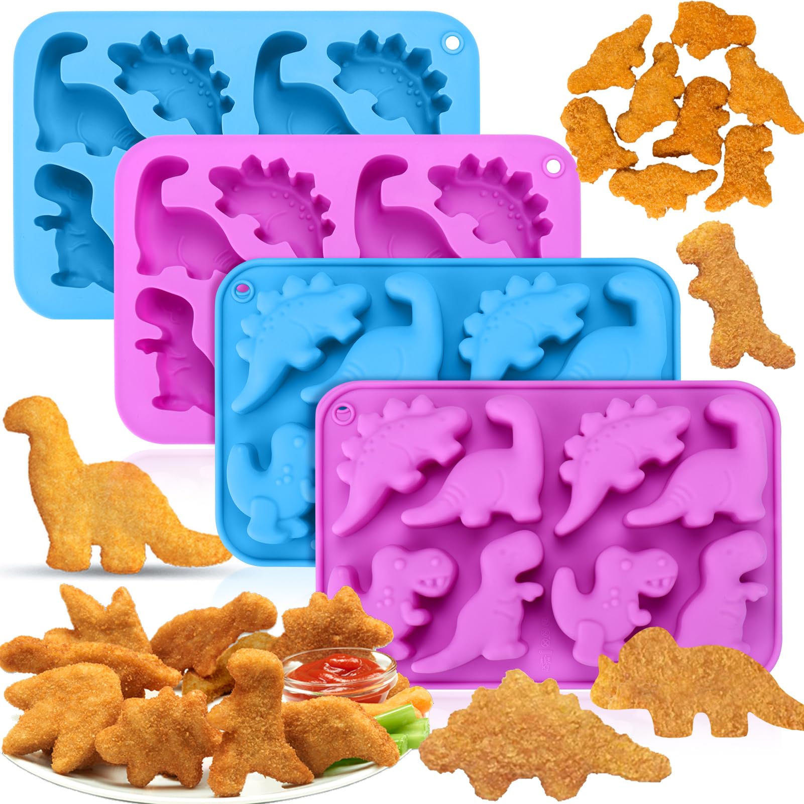 Palksky 4-Piece Silicone Dinosaur Molds for Chicken Nuggets, Popsicles & Chocolate Candy Making - Perfect for Kids' Parties, Baking & DIY Treats