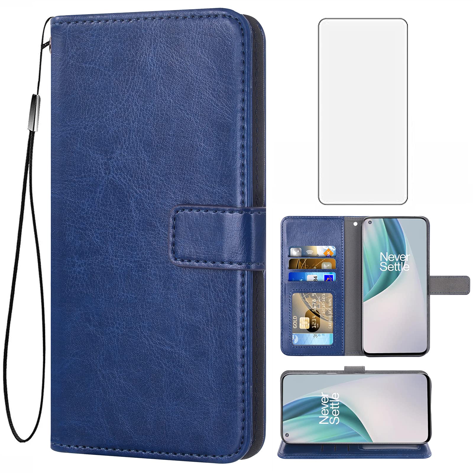 OnePlus 9 Pro Wallet Case with Card Holder & Stand | Tempered Glass Screen Protector | Flip Cover Phone Case for OnePlus 9 Pro 5G - Blue (Compatible with OnePlus 9/1+ 9 Pro) | Perfect for Business, Travel & Everyday Use