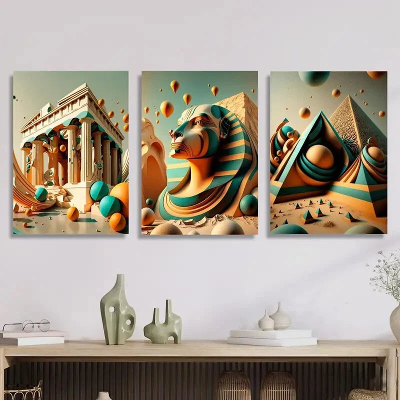 3pcs Golden Pagoda, Sphinx & Parthenon Metal Wall Art Prints - Ready to Hang Home Decor for Living Room, Bedroom & Office | Travel Inspired Artwork for World Culture Enthusiasts