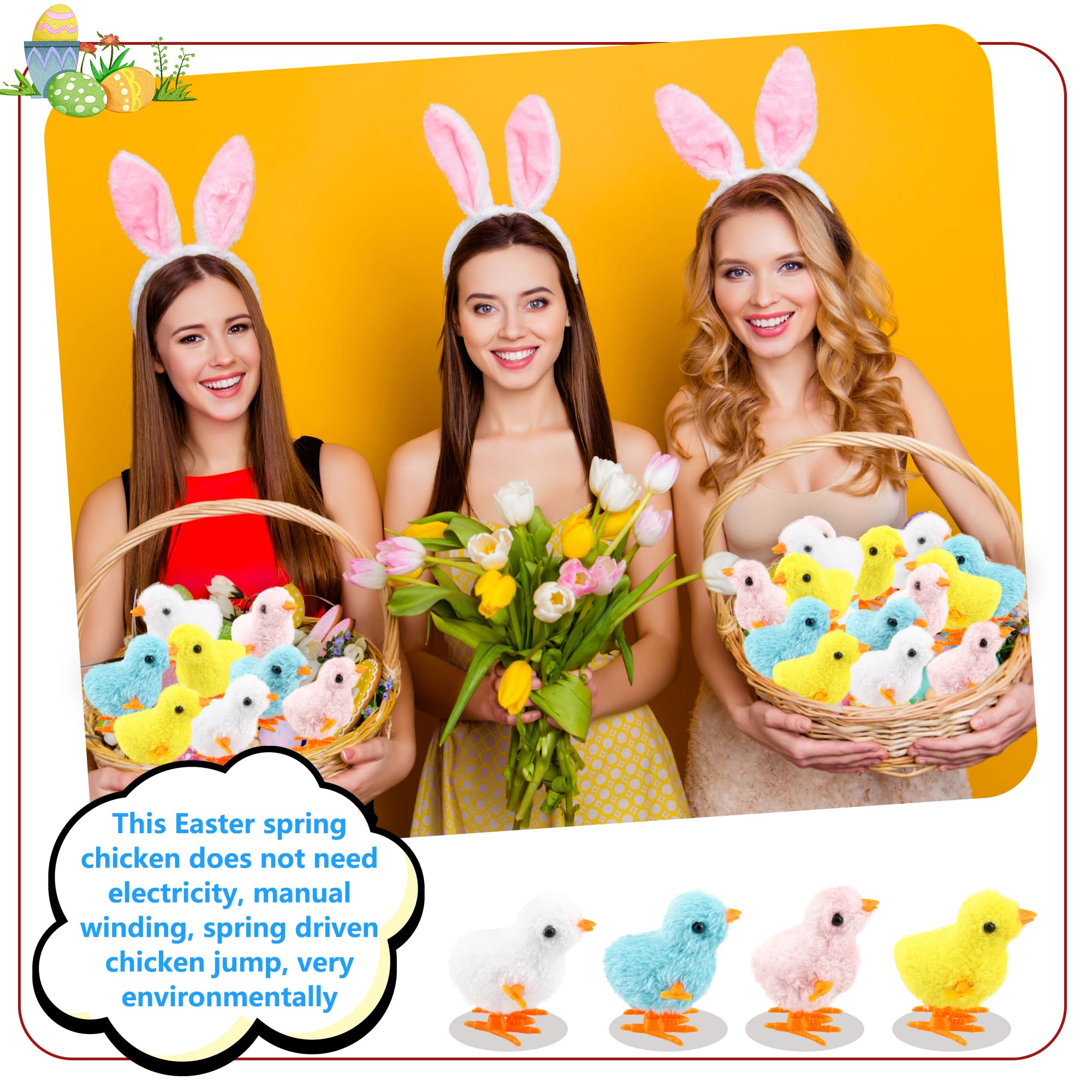 24 Pack Easter Wind Up Chick Toys - Plush Hopping Chicken Novelty Toys for Easter Party Favors, Kids Gifts & Egg Hunt Prizes (4 Colors) - Perfect for Easter Baskets, Classroom Rewards & Spring Celebrations