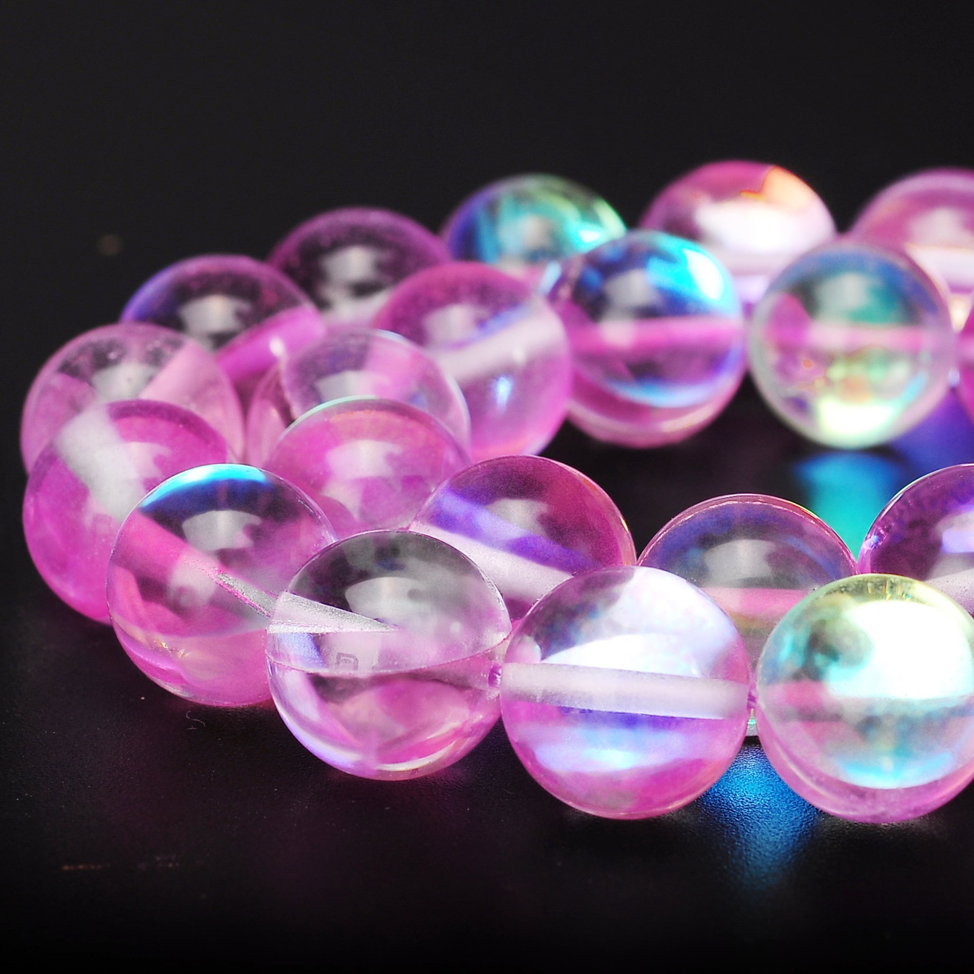 Pink Round Moonstone Crystal Glass Beads for Jewelry Making - 12mm Aura Iridescent Beads (1 Strand) - Perfect for Necklaces, Bracelets & DIY Craft Projects
