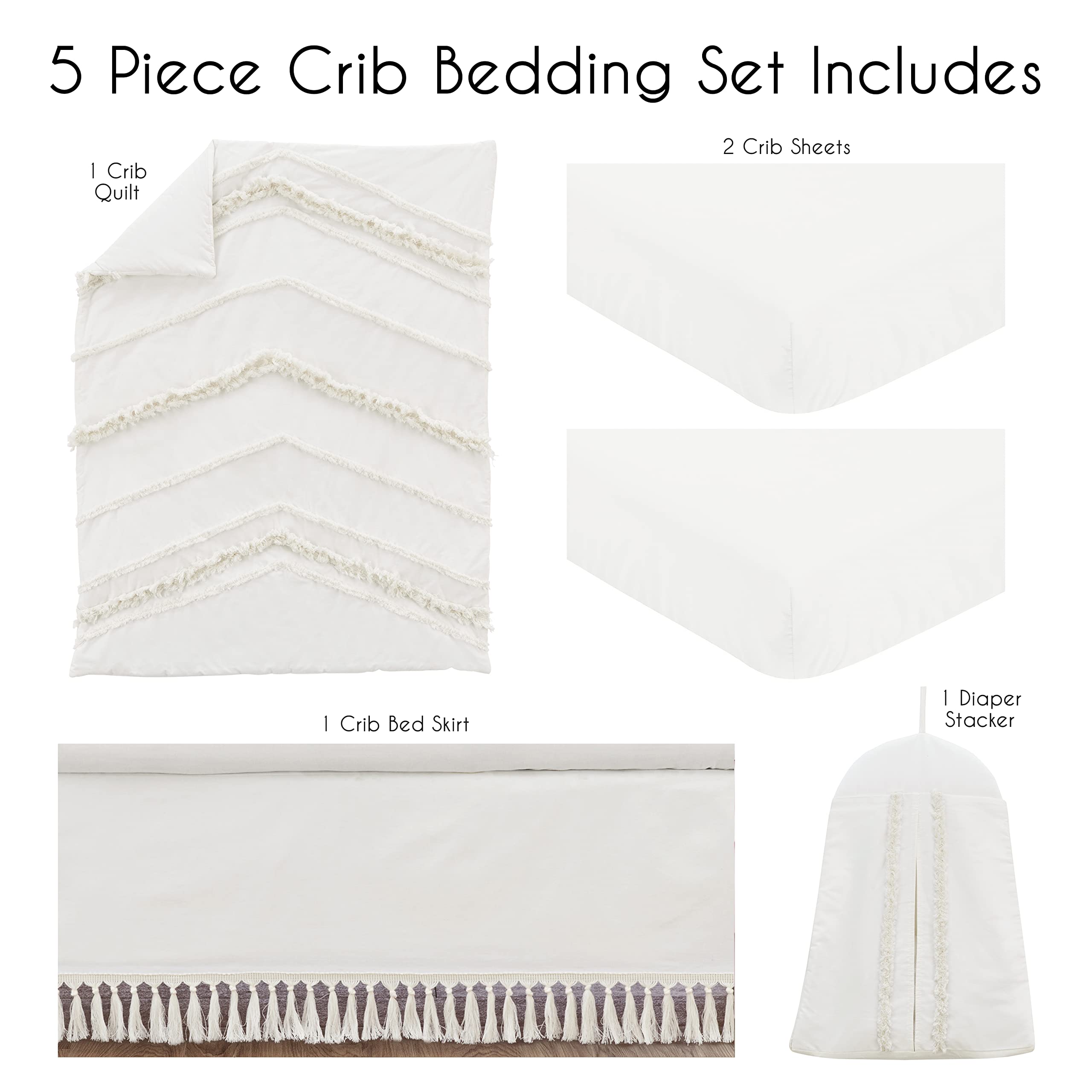 Sweet Jojo Designs Ivory Boho Chic Baby Crib Bedding Set - Gender Neutral Beige Cream Nursery Room Decor - Modern Farmhouse Cotton Crib Sheets with Tassel Fringe - Perfect for Bohemian Style Infant Rooms & Gender Reveal Nursery Themes