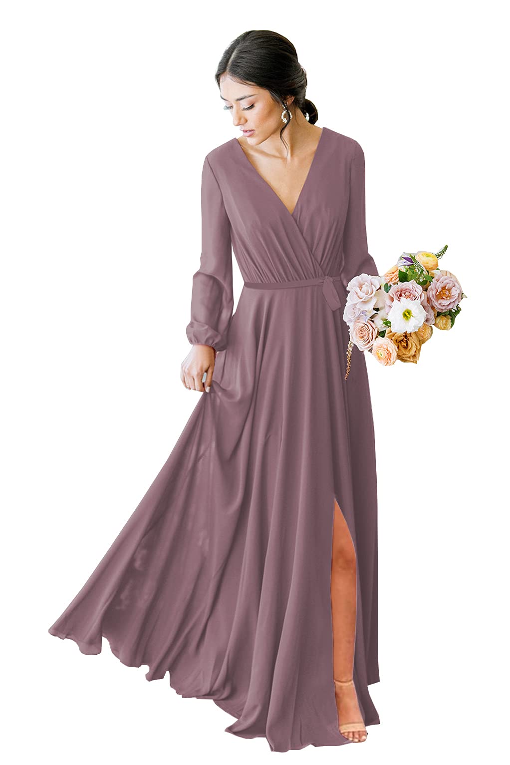 Elegant V-Neck Long Sleeve Chiffon Bridesmaid Dress with Faux-Wrap & High Slit - Formal Prom Gown for Women | Perfect for Weddings, Parties & Special Occasions