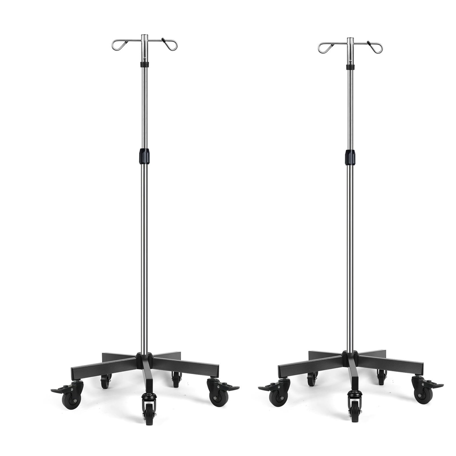 2 PCS IV Poles IV Stands - Portable Rolling 2 Hook 5 Legs Adjustable Height Medical Stand with Brake Wheels, Stainless Steel for Hospital, Clinic & Home Healthcare Use