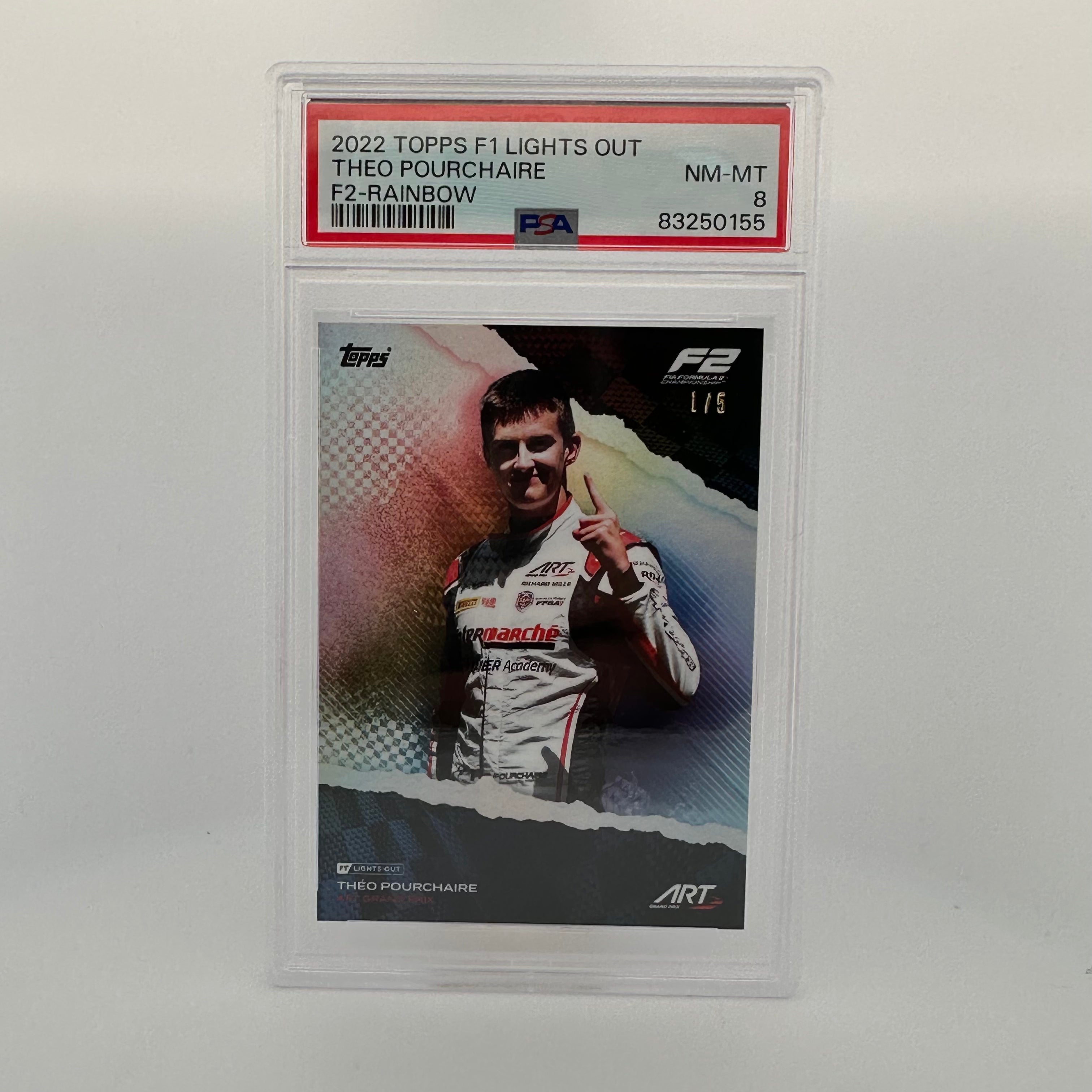 PSA 8 Graded 1/5 Theo Pourchaire F2 Rainbow Racing Card - Collectible Motorsport Memorabilia for Fans & Investors | Perfect for Display, Trading, and Portfolio Diversification