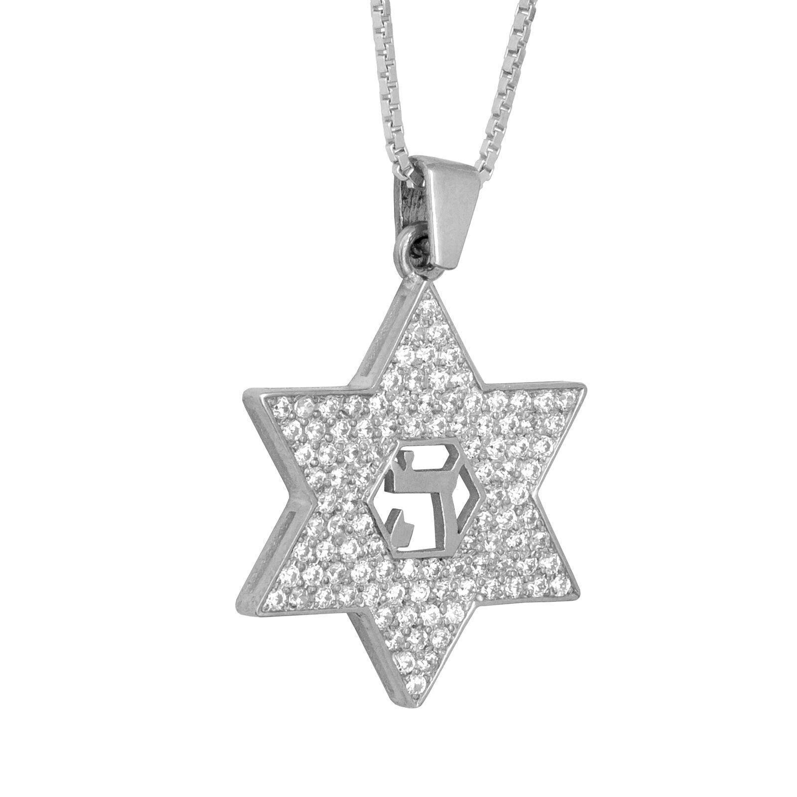 Kabbalah Pendant - Sterling Silver Star of David with CHAI HAI & White CZ Crystal - Jewish Jewelry for Protection & Spiritual Connection - Perfect for Hanukkah Gifts & Daily Wear