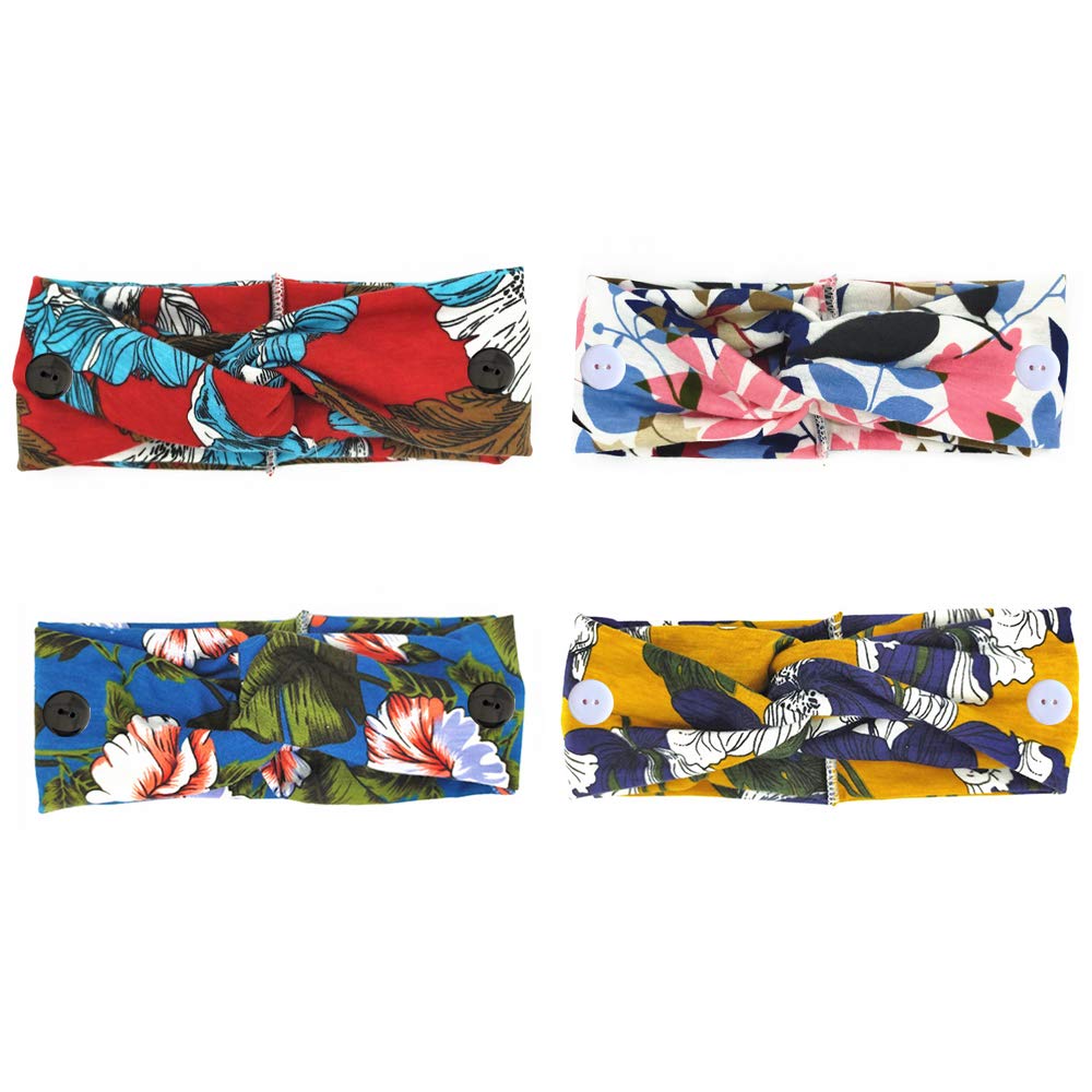 4 Pack Floral Button Headbands for Women - Adjustable Mask Headbands for Nurses, Head Wraps & Hair Accessories | Perfect for Work, Gym & Daily Wear