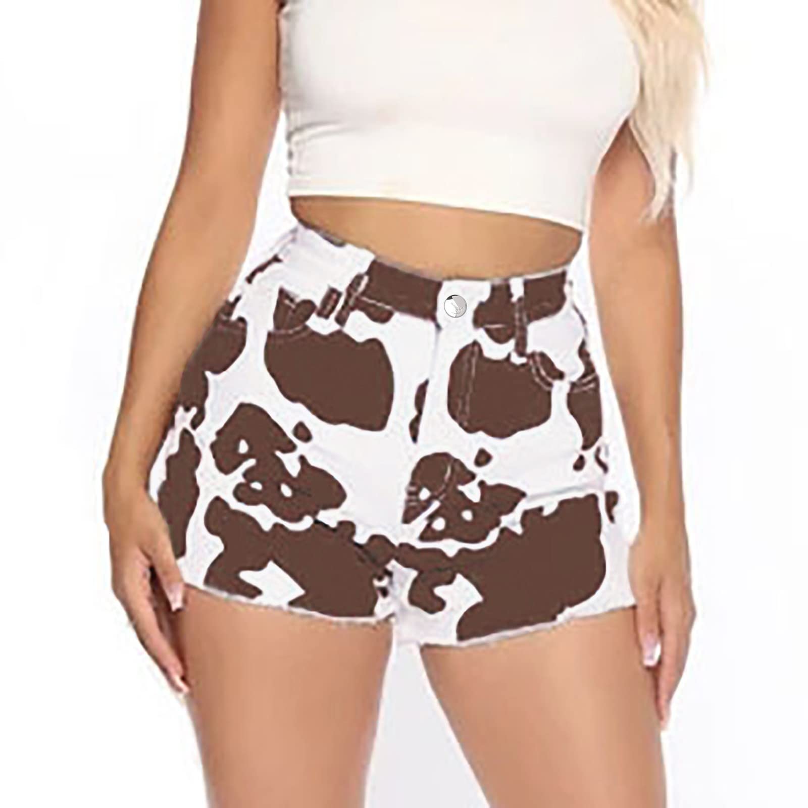MTLZ Women's Cow Print Stretch Denim Shorts with Pockets & Zipper - Plus Size Mid Rise Folded Hem Jean Shorts for Summer | Casual Outfit, Beachwear, Street Style
