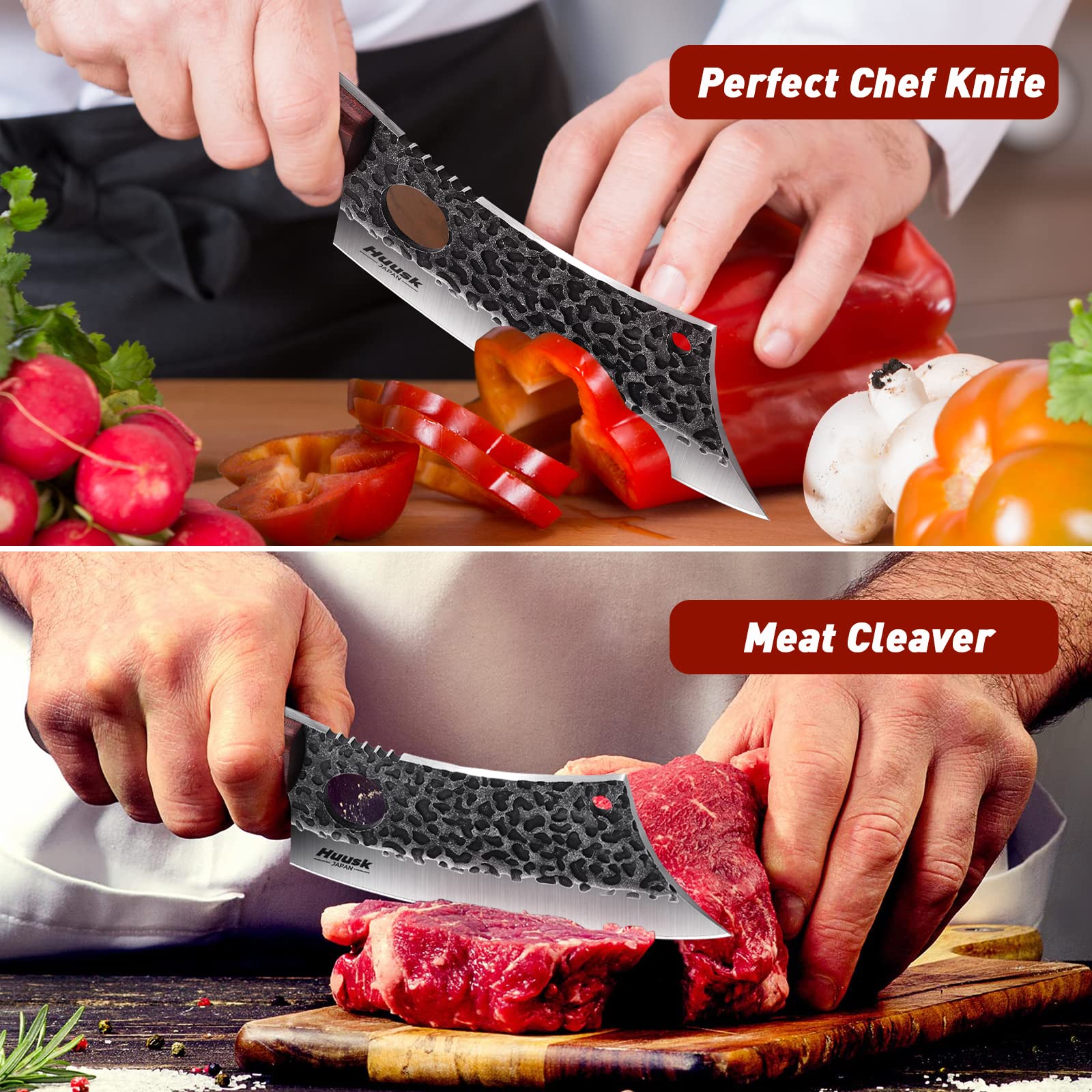 HUUSK Premium Meat Cleaver Knife Set - Heavy Duty Black Forged Steel Cleaver with Sheath, Outdoor Camping & BBQ Cooking Knife - Perfect for Butchering, Chopping, and Outdoor Adventures