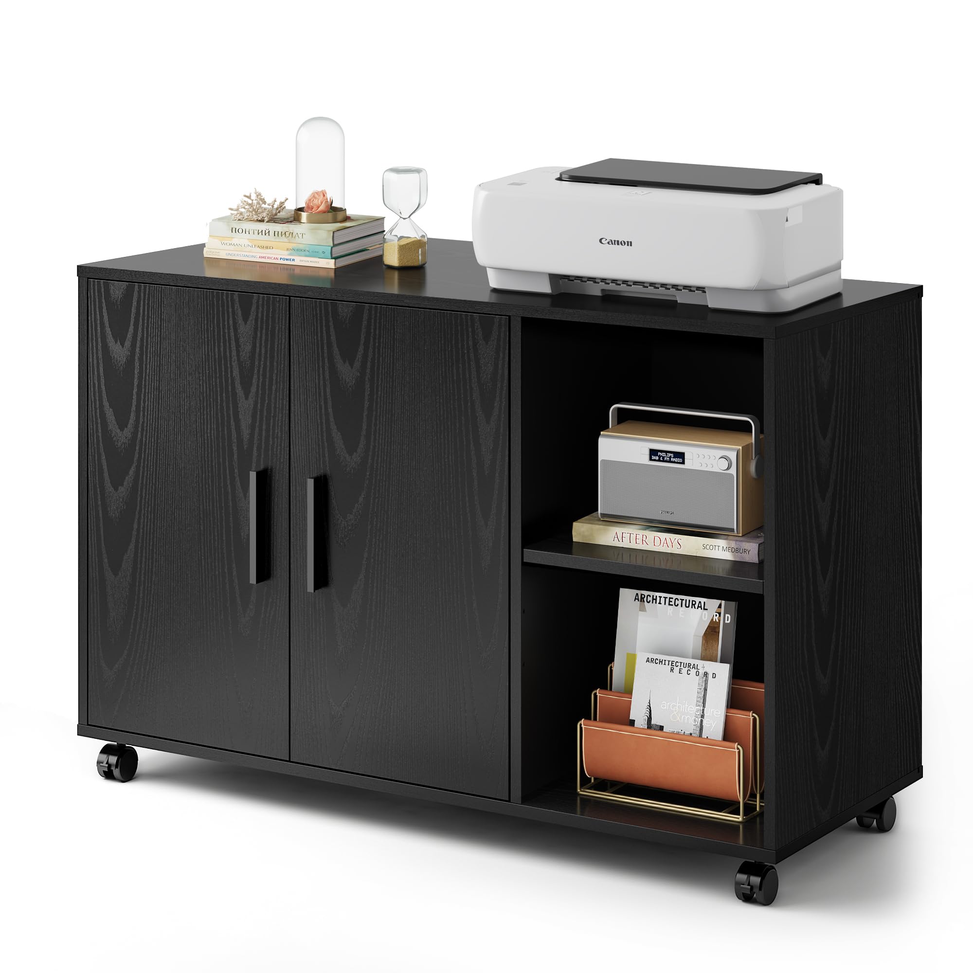 DEVAISE Office Storage Cabinet with Doors & Shelves - Lateral File Organizer for Printer, Supplies & Documents - Black Home Office Furniture for Workspace Organization