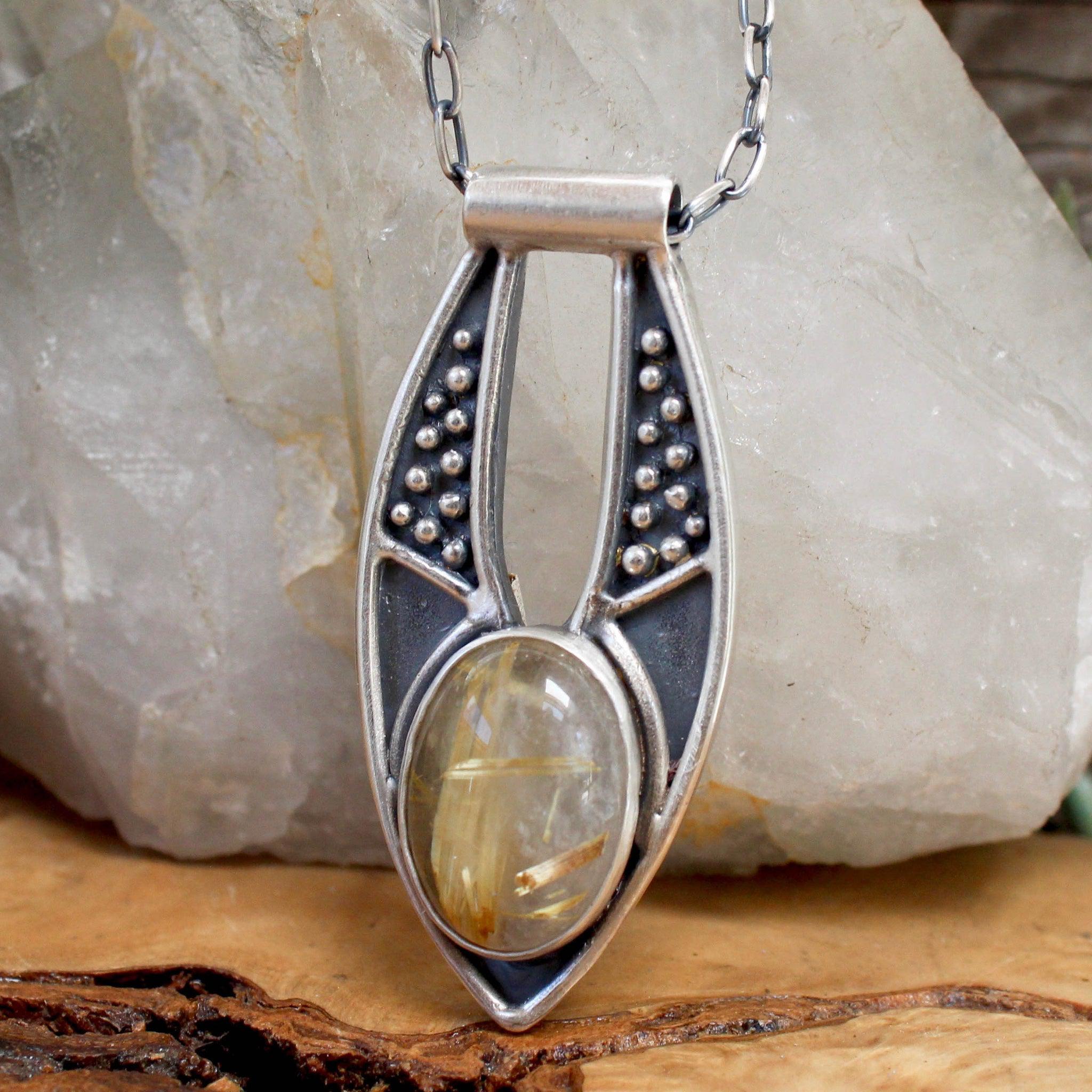 Elegant Ara Pendant with Rutilated Quartz - Handmade Boho Jewelry for Women - Perfect for Everyday Wear & Special Occasions