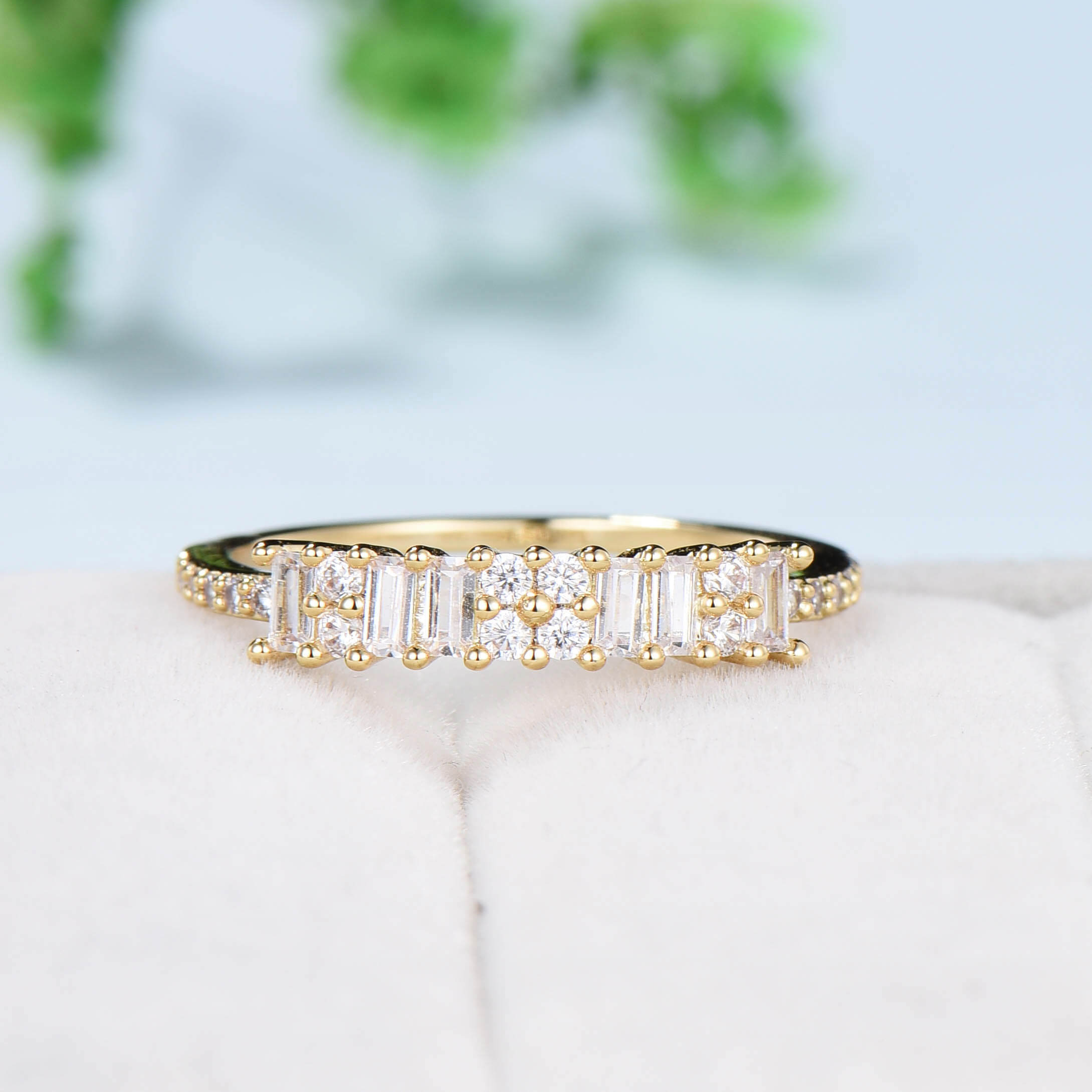 Baguette Cut Moissanite Wedding Ring - Unique Half Eternity Stackable Bridal Ring Set in Yellow Gold for Women | Anniversary Band, Engagement Jewelry Gift for Her | Perfect for Weddings, Proposals & Special Occasions
