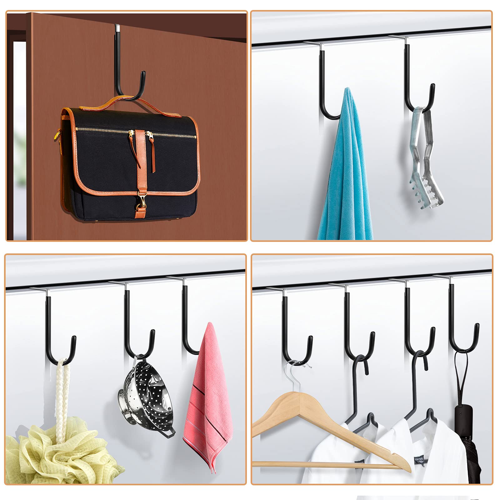 FLOWRALiKI Over The Door Hooks - 4 Pack Heavy Duty Hanging Hooks for Clothes, Towels, Coats, Robes & Accessories - Space Saving Organizer for Bedroom, Bathroom & Closet (White)