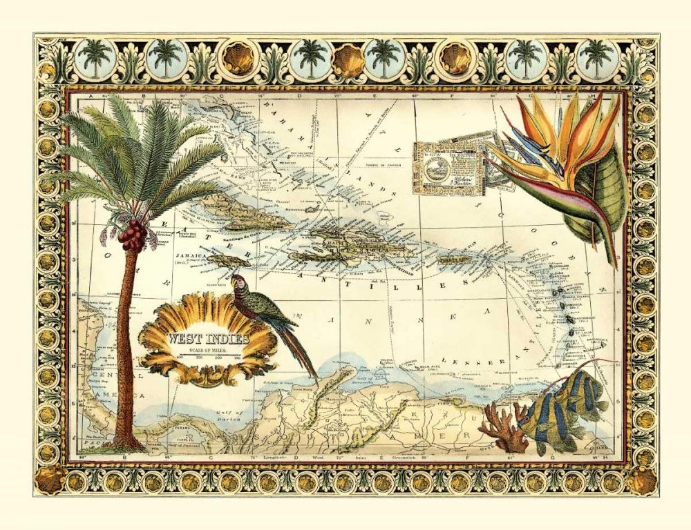 Vintage Tropical Map of West Indies Art Print - 32x42 Inch Fine Art Paper for Framing - Perfect for Home, Office & Gallery Wall Decor