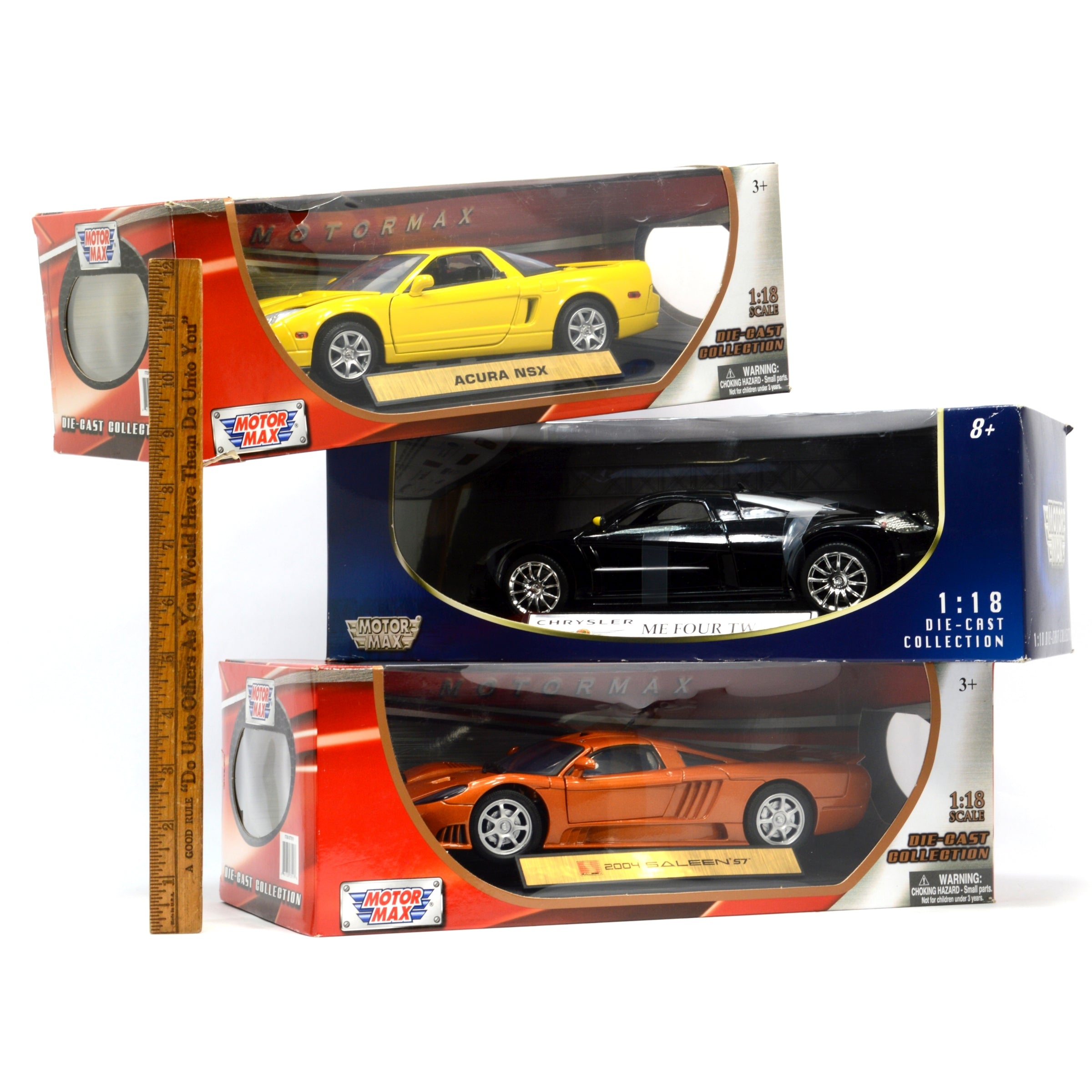 3-Pack MOTOR MAX 1:18 Scale Diecast Car Models - ACURA NSX, Me Four Twelve & SALEEN S7 - Collectible Toy Cars for Display, Gifts & Racing Enthusiasts