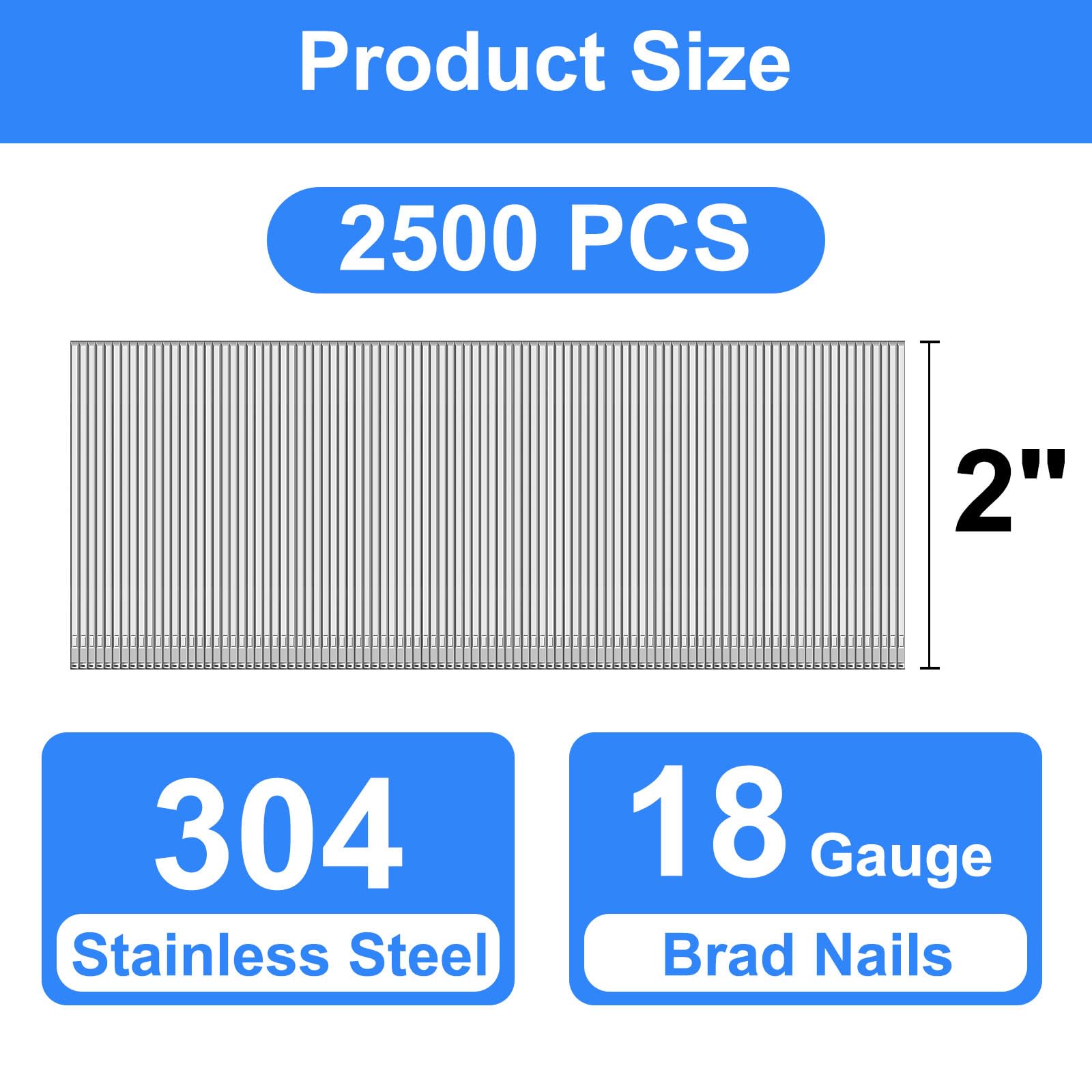 18 Gauge 304 Stainless Steel Brad Nails - 2 Inch 18GA Nails for Pneumatic & Electric Nail Guns - Rust-Resistant Finishing Nails for Woodworking, Trim Work, Cabinetry and DIY Home Projects