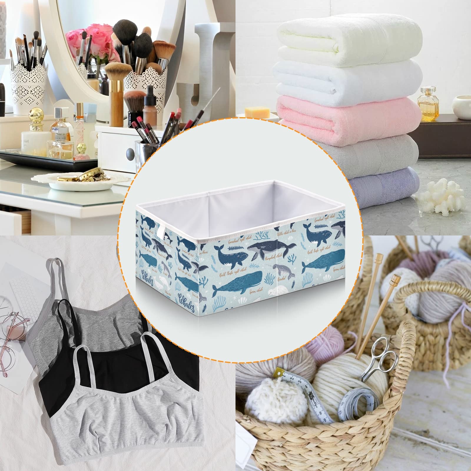 Collapsible Storage Basket Bin - Foldable Rectangular Organizer for Toys, Clothes & Nursery | Light Blue with Whale & Seaweed Design | Easy Assembly for Home, Office & Kids Room Organization