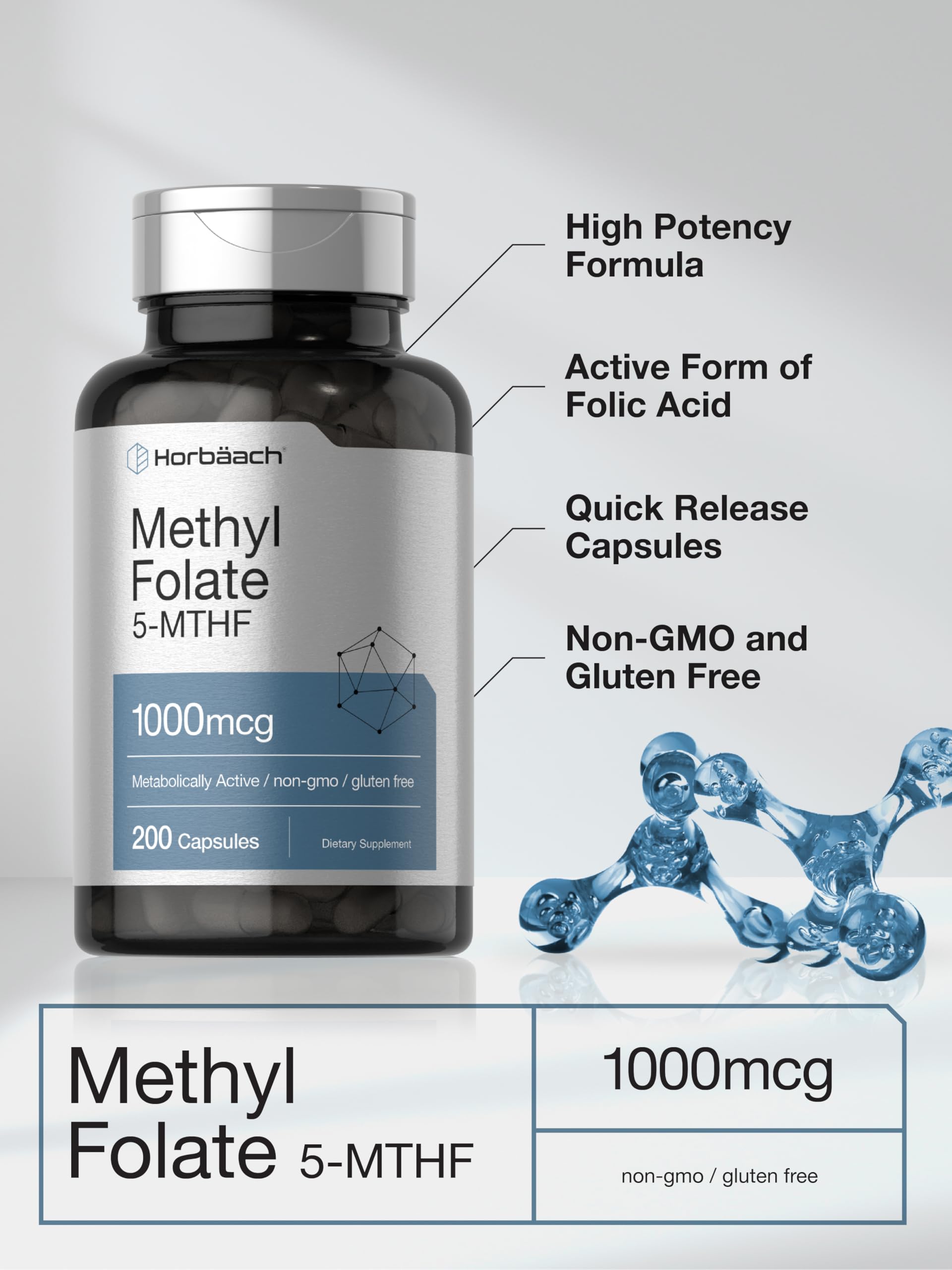 Horbäach Methyl Folate 1000 mcg Supplement (200 Capsules) - 5-MTHF Active Folate for Women & Men - Non-GMO, Gluten Free - Supports Heart Health, Pregnancy & Cognitive Function - Perfect for Prenatal Care & Daily Wellness
