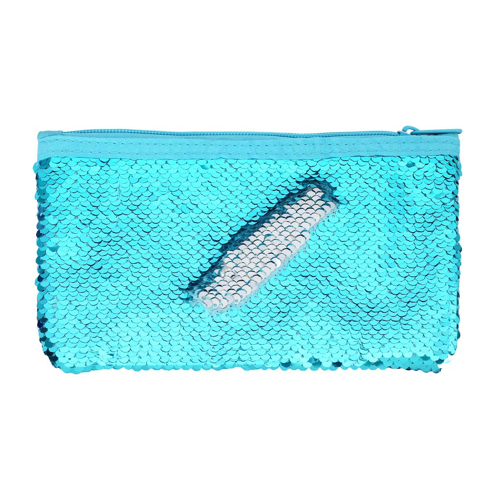 **Glitter Reversible Sequin Pencil Case for Girls & Women - Cute Cosmetic Makeup Organizer Bag, School Supplies Pouch (Aqua Blue) - Perfect for School, Office & Travel**