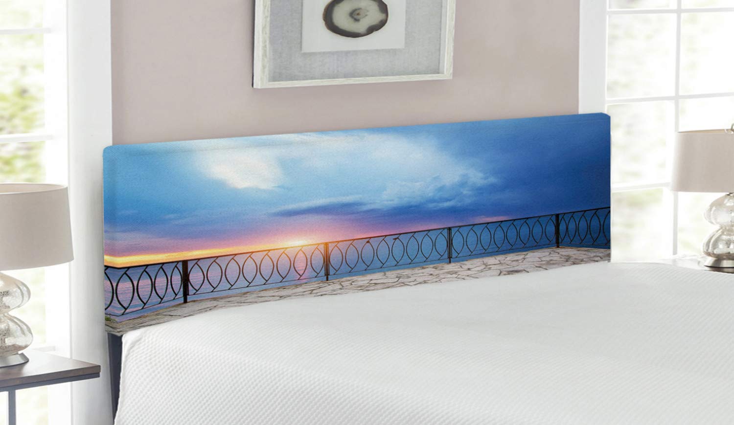 Ambesonne Modern Upholstered Headboard - Ocean Sunset Landscape Design with Memory Foam, Queen Size Bed Frame in Pale Blue & White | Perfect for Coastal & Contemporary Bedroom Decor