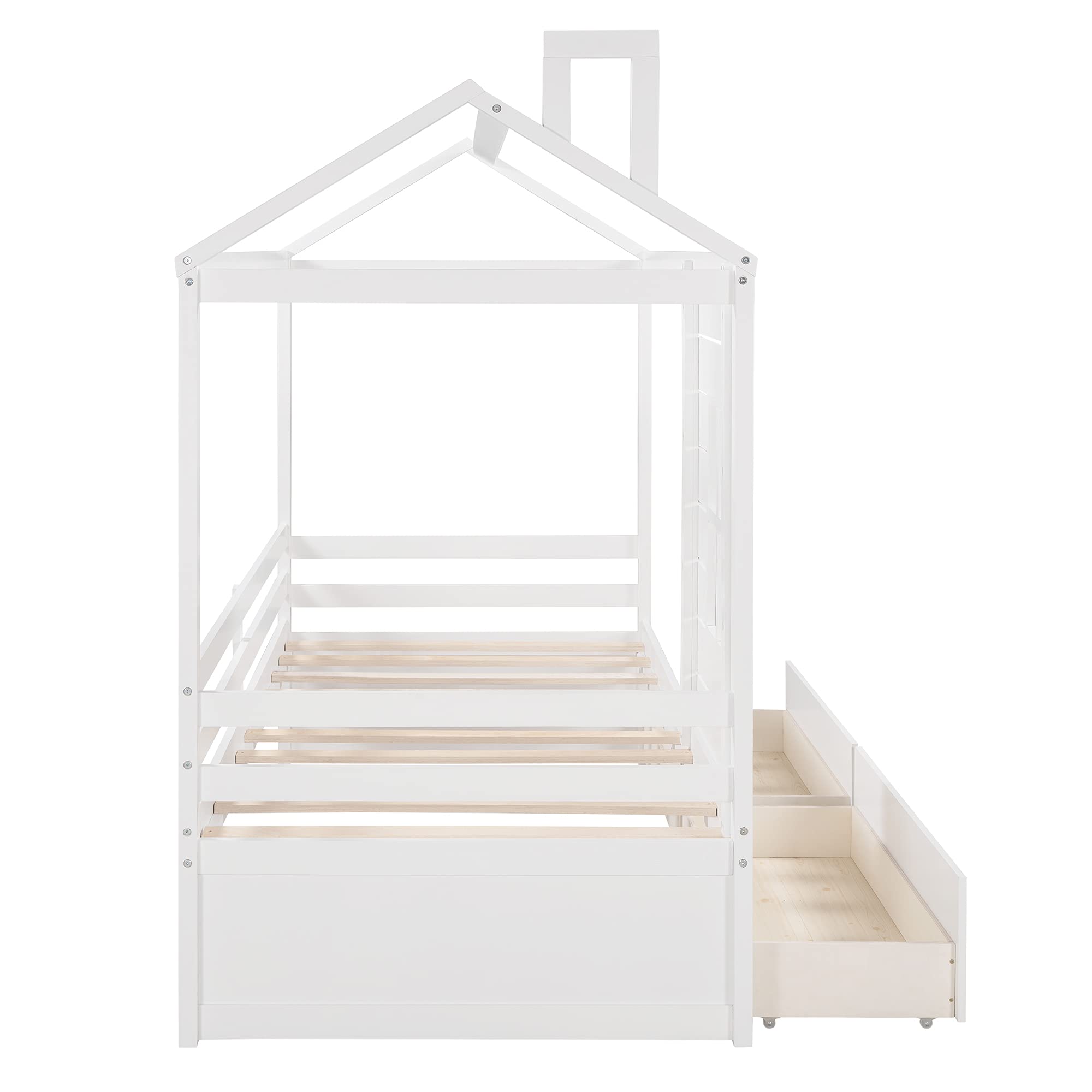 Quarte House Low Daybed for Kids - Twin Size Wood Floor Bed Frame with 2 Drawers & Window - No Box Spring Needed - White Modern Tent Bed for Bedroom | Perfect for Small Spaces, Kids' Rooms & Montessori Style Homes
