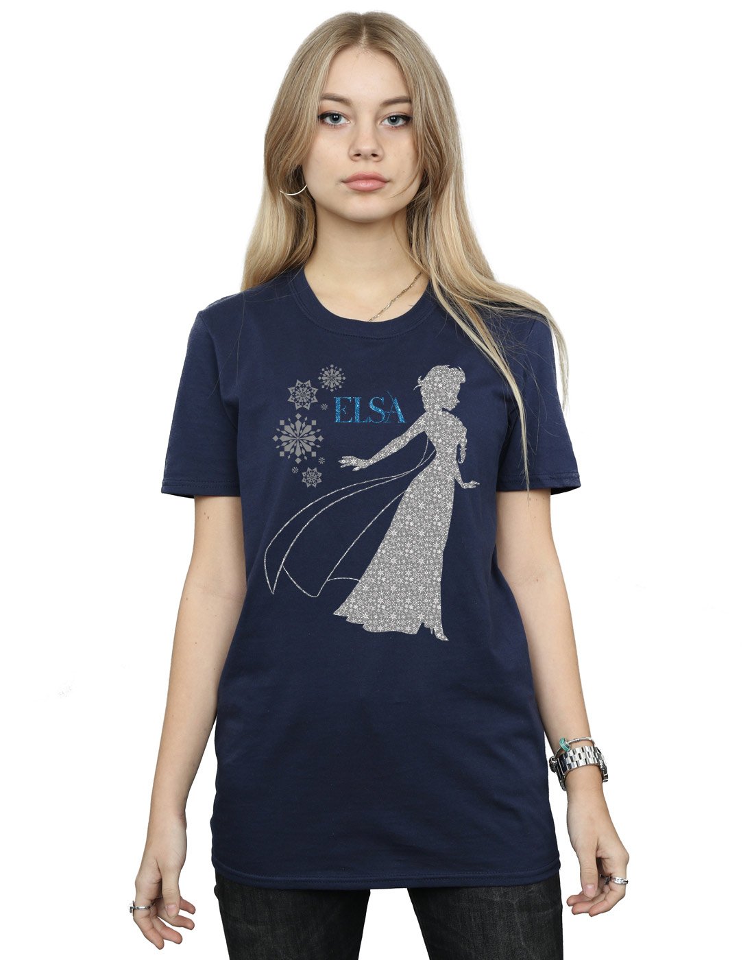 Disney Frozen Elsa Christmas Silhouette Women's Boyfriend Fit T-Shirt - X-Large Navy Blue | Casual Holiday Wear, Gift for Disney Fans, Christmas Party Outfit
