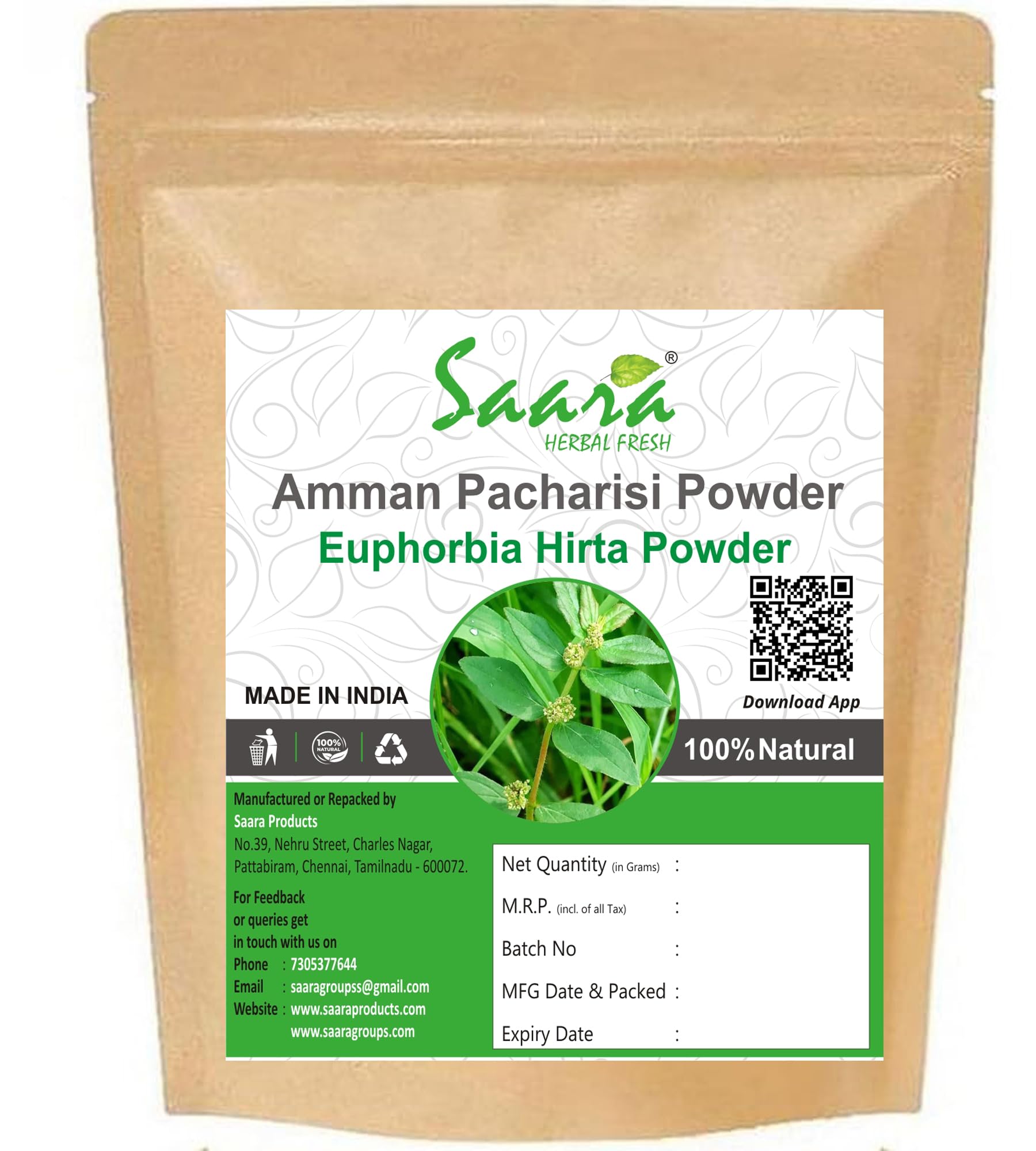 Organic Saara HERBAL FRESH Amman Pacharisi Powder 70g | Euphorbia Hirta, Bottle Gourd & Dudhi Powder | Herbal Supplement for Digestive Health, Immunity & Skin Care | Pack of 1 x 70g | Perfect for Ayurvedic Remedies & Natural Wellness