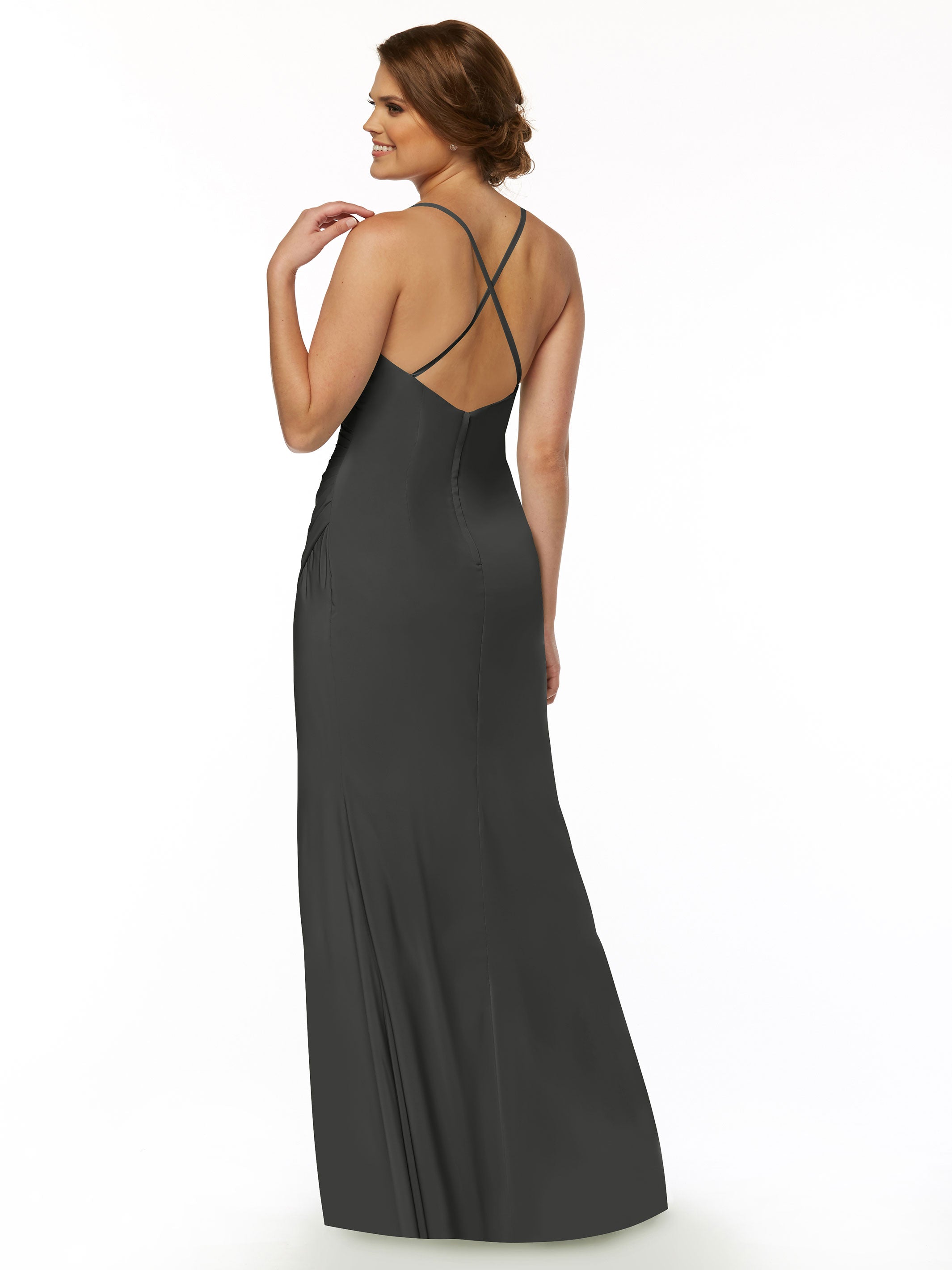 Elegant 80114 Stretch Chiffon Sheath Bridesmaid Dress with Ruching & High Slit - Perfect for Weddings, Formal Events & Evening Parties
