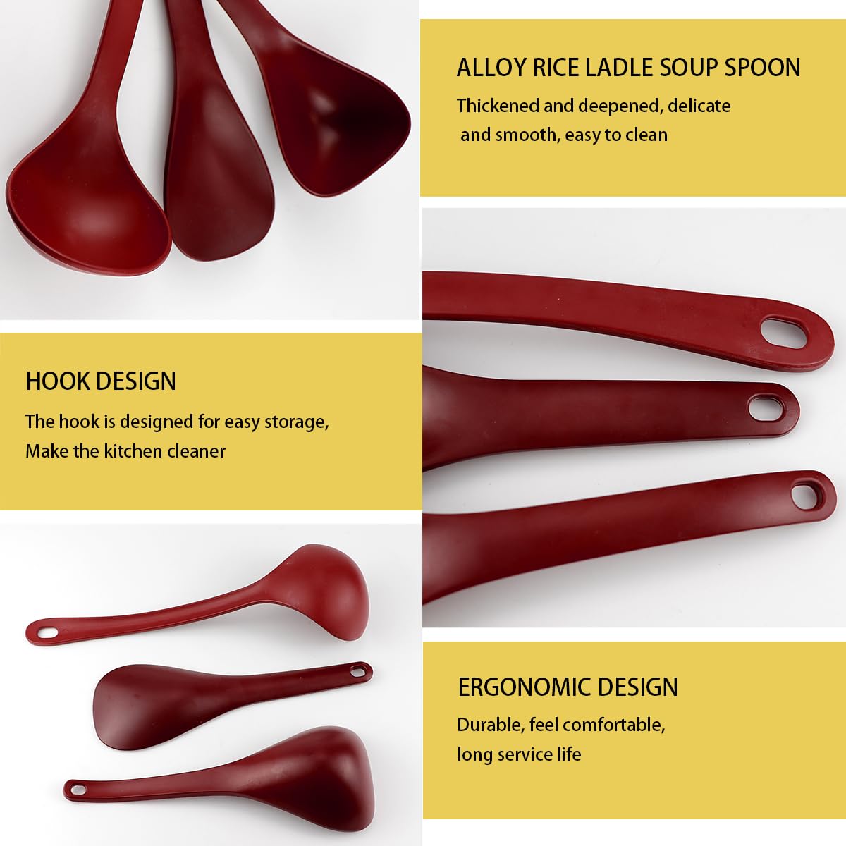 DOERDO 3-Piece Non-Stick Rice Paddle Set - Heat-Resistant Cooking Spoon for Rice, Soup & Potatoes - Perfect for Kitchen, Serving & Meal Prep (Red)