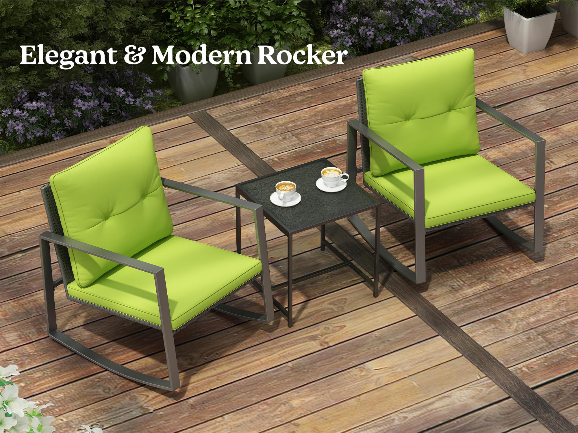3-Piece Rocking Bistro Set - Black Metal Frame with Green Synthetic Wicker & Soft Cushions - Outdoor Patio Furniture with Glass Coffee Table & 2 Chairs - Perfect for Balcony, Porch, Garden or Backyard Relaxation