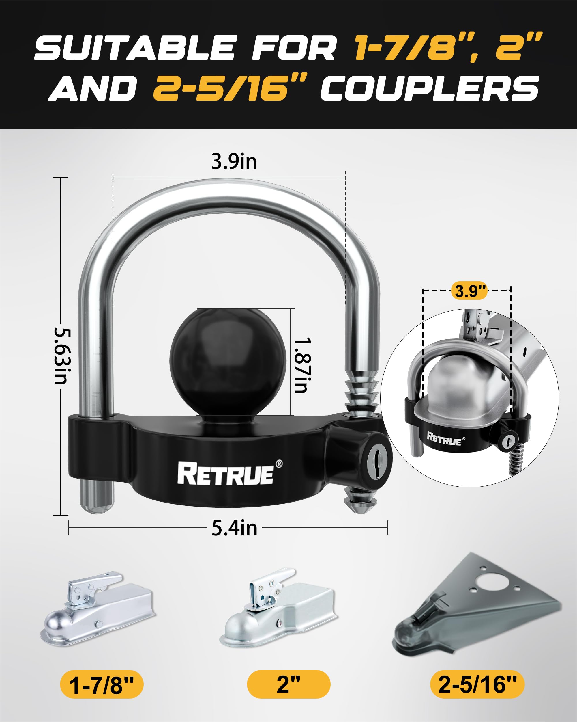 Keyed Alike Trailer Lock Set - Universal Coupler Lock, Dual Hitch Receiver Pin Lock & Trailer Tongue Lock - Heavy Duty Black Security Kit for Towing & Storage | Perfect for Trailers, Boats, RVs & Campers