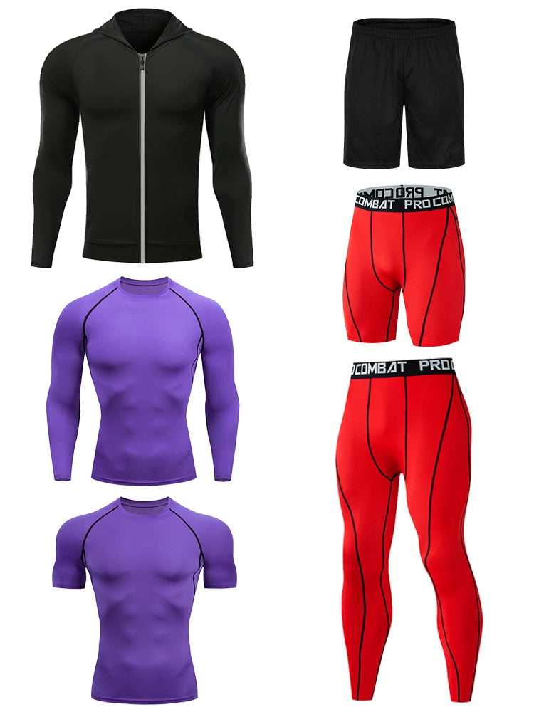 6-Piece Men's Compression Sportswear Set - Quick Dry Running & Gym Workout Clothes - Moisture-Wicking Training Suit with Joggers & Fitness Tights - Perfect for Running, Training, and Gym Sessions