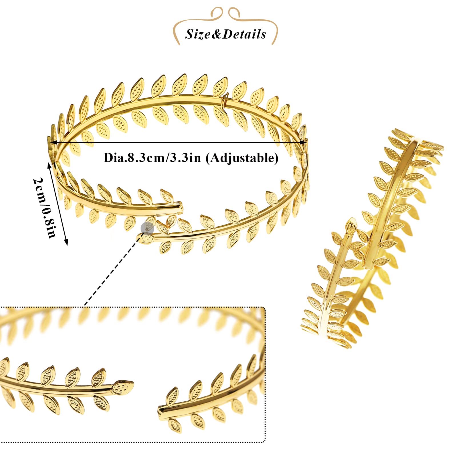 Greek Roman Laurel Leaf Bracelet - Adjustable Arm Cuff Bangle for Women - Minimalist Gold Armlet for Festival, Bridal & Costume Jewelry - Perfect for Weddings, Cosplay and Themed Parties